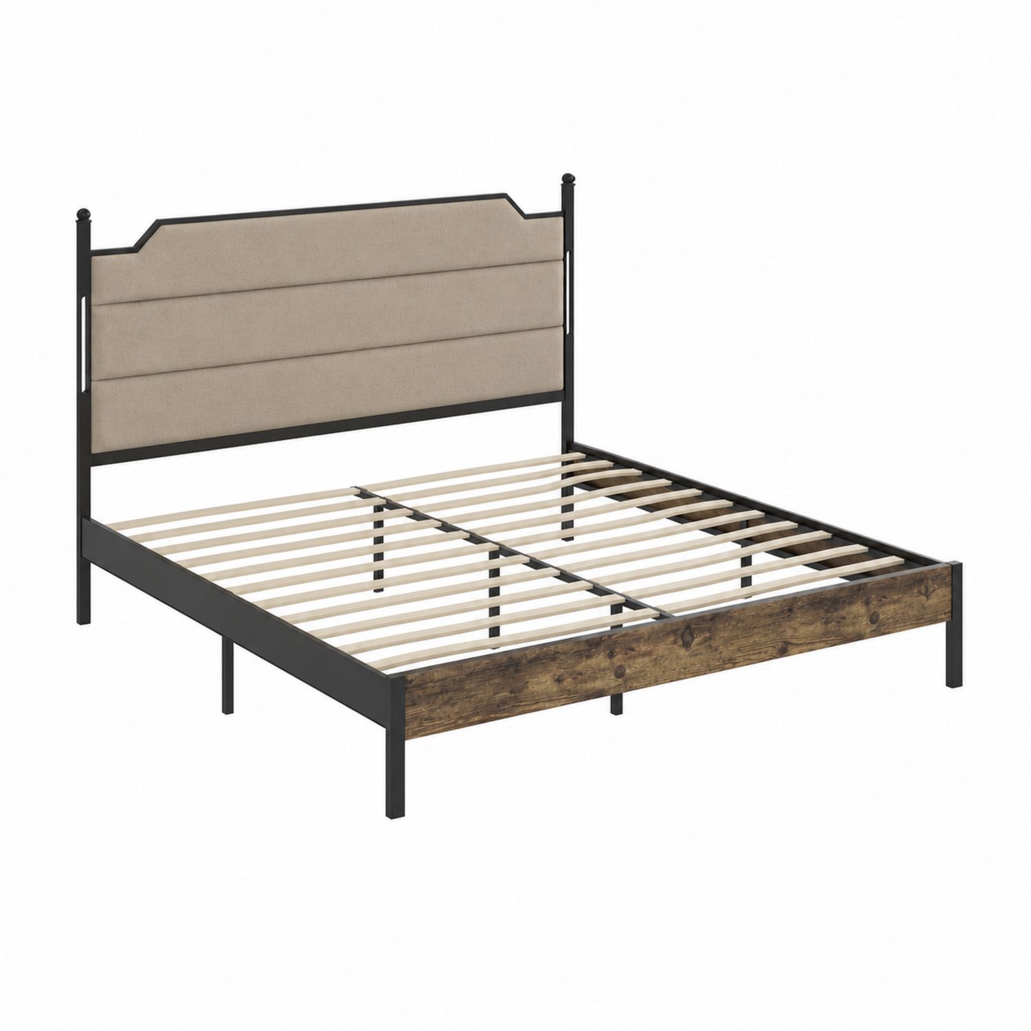 Lit double en métal et bois avec tête de lit en tissu polyester beige