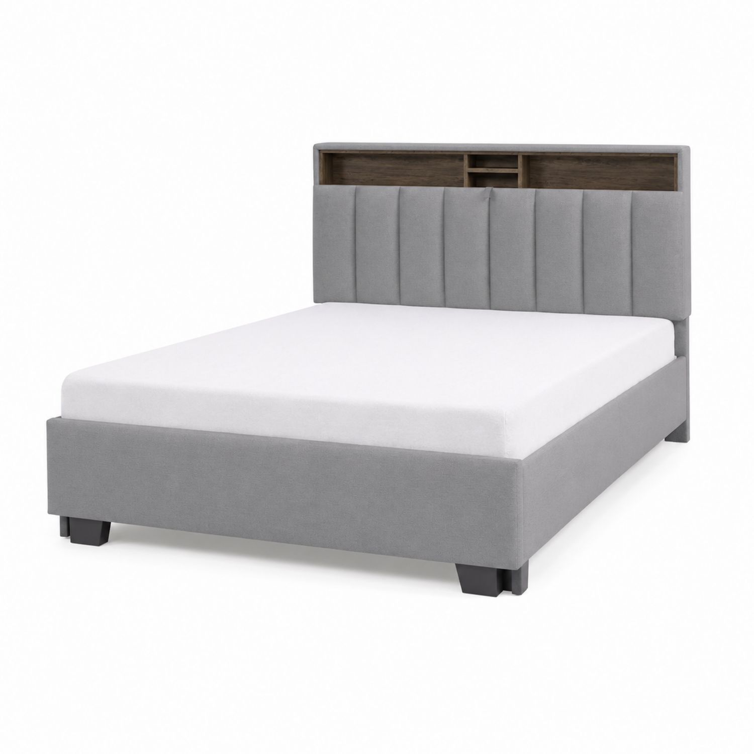 Lit double en tissu gris avec tête de lit à rangement 200x160 cm