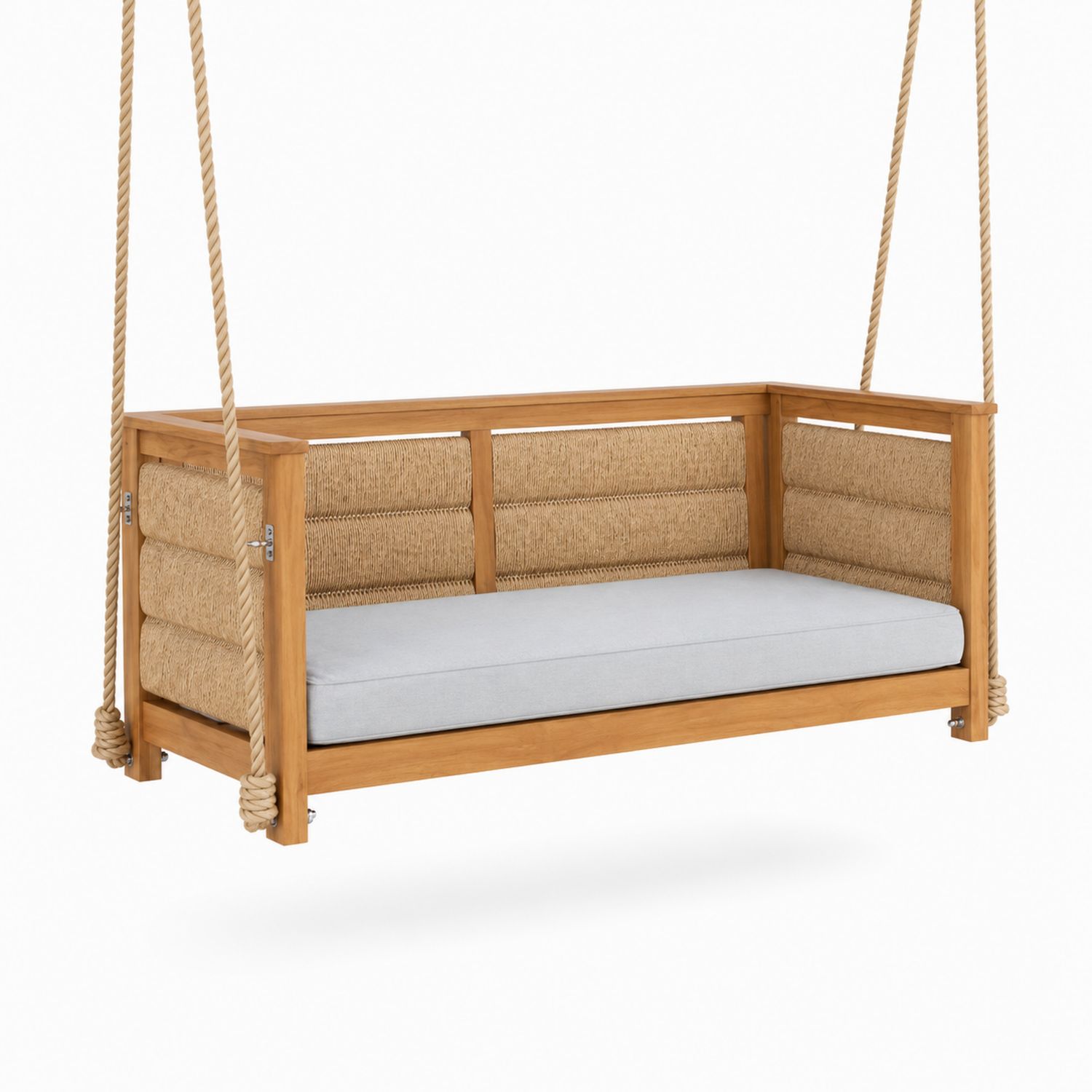 Balancelle en bois d'acacia et corde tressée avec coussin gris