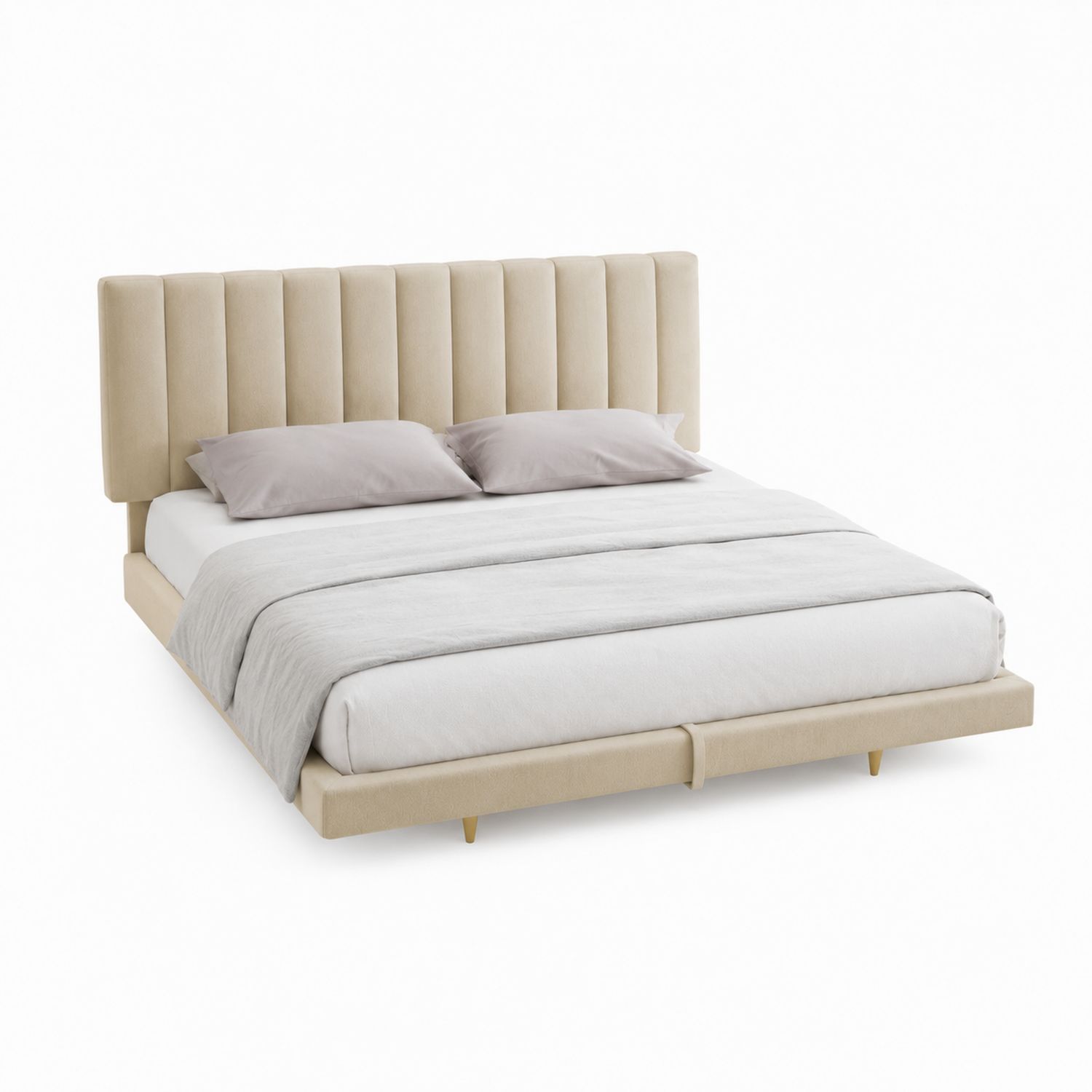 Lit double en bois avec revêtement en velours beige avec tête de lit matelassée 160x200 cm