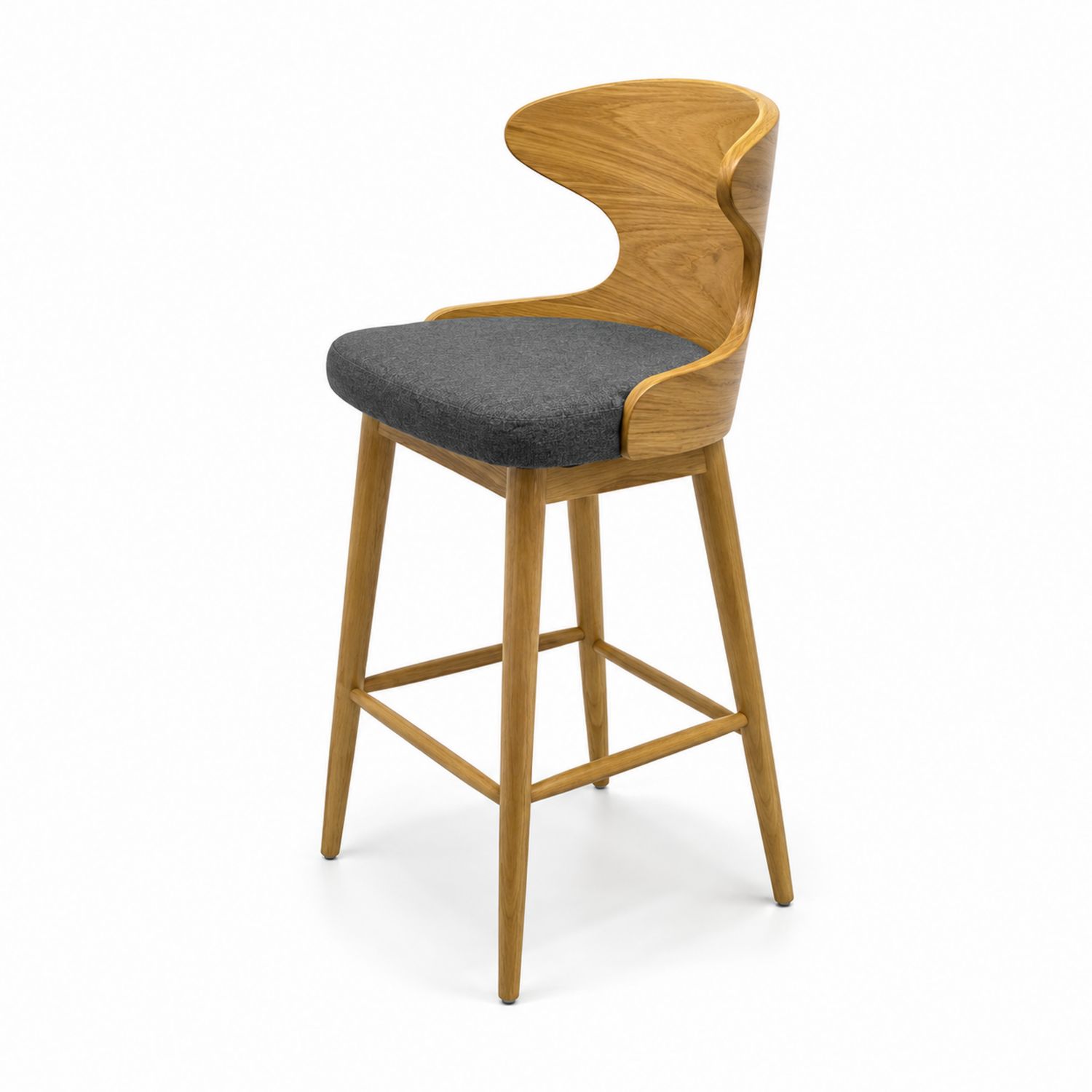 Tabouret de bar en bois chêne avec siège en tissu gris