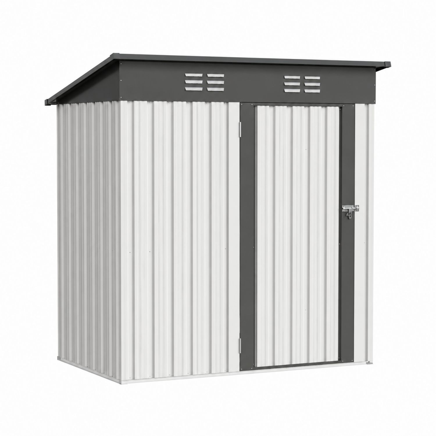 Abri de jardin en métal avec toit incliné gris et blanc
