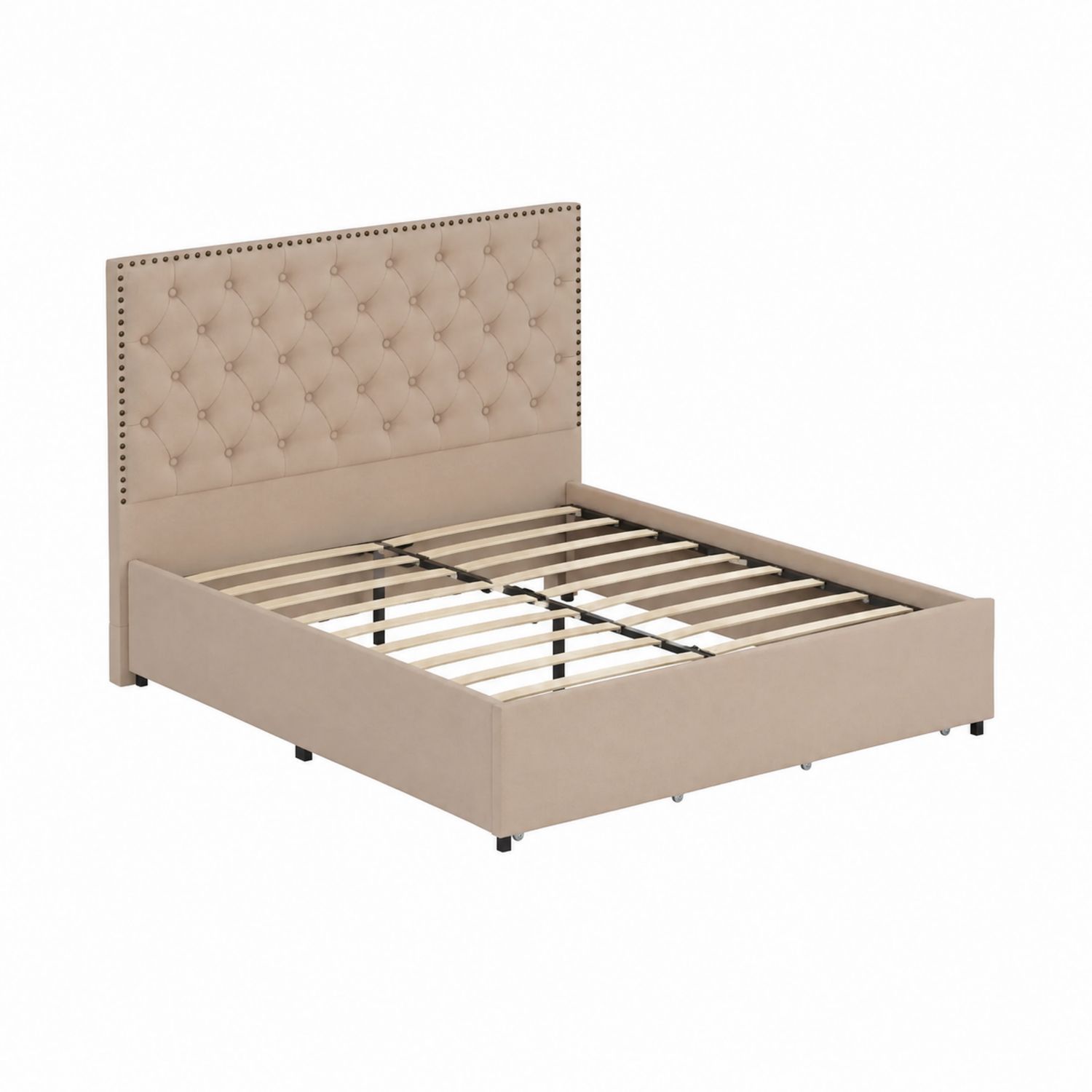 Lit double en simili cuir beige avec tête de lit capitonnée 140x200 cm