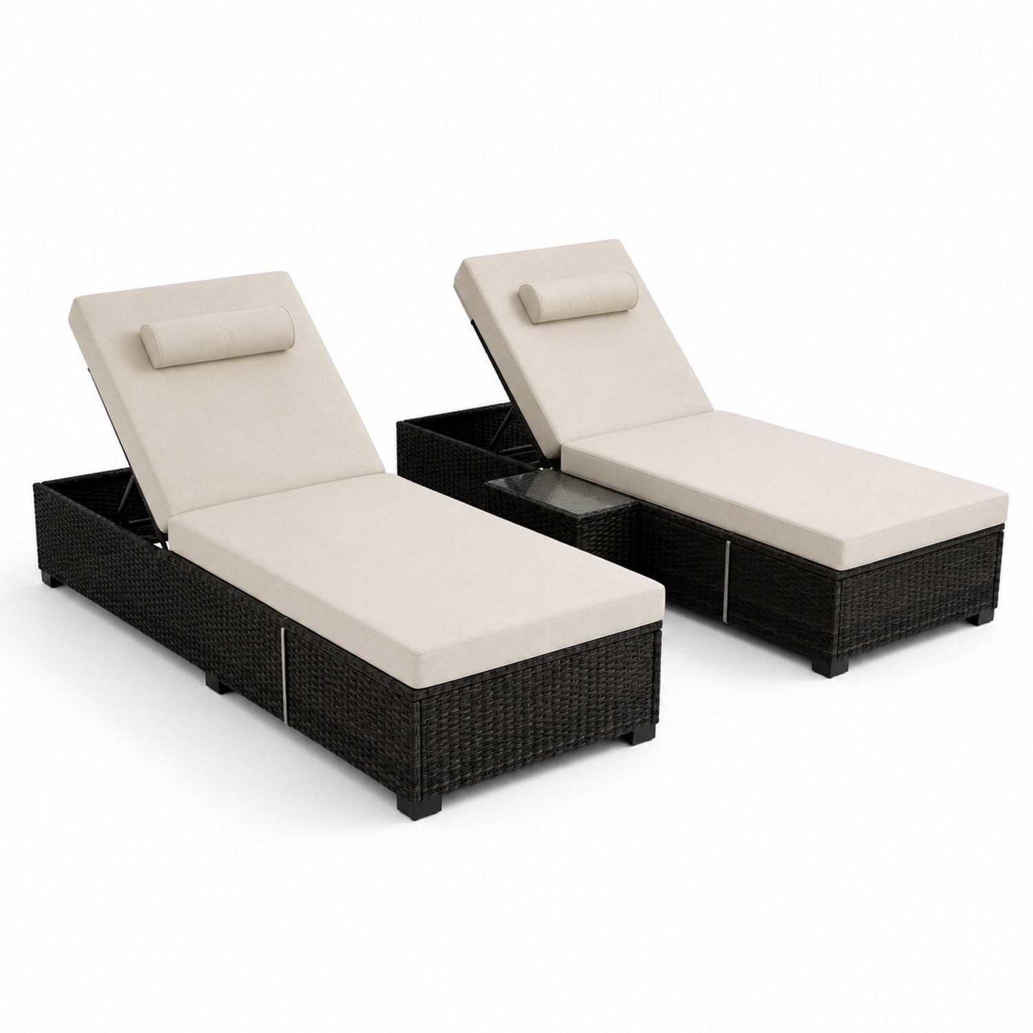 Lot de 2 chaises longues en rotin réglables avec coussins beige