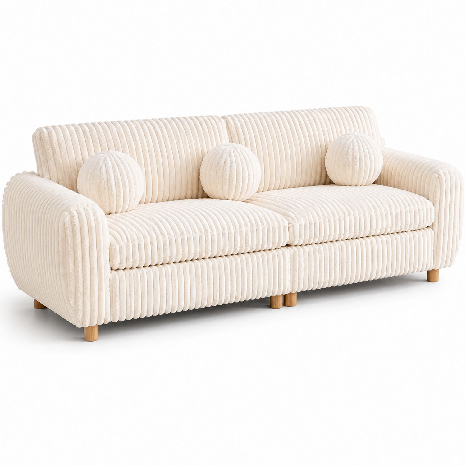 Canapé droit en velours côtelé beige avec coussins ronds