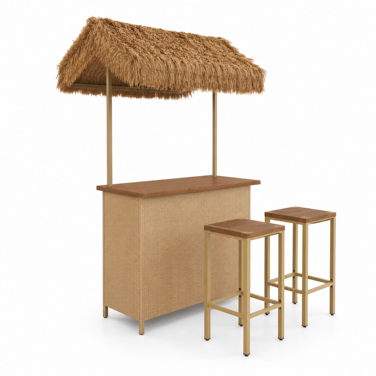 Ensemble Bar Extérieur avec Toit en Chaume et Tabourets en Métal et Bois