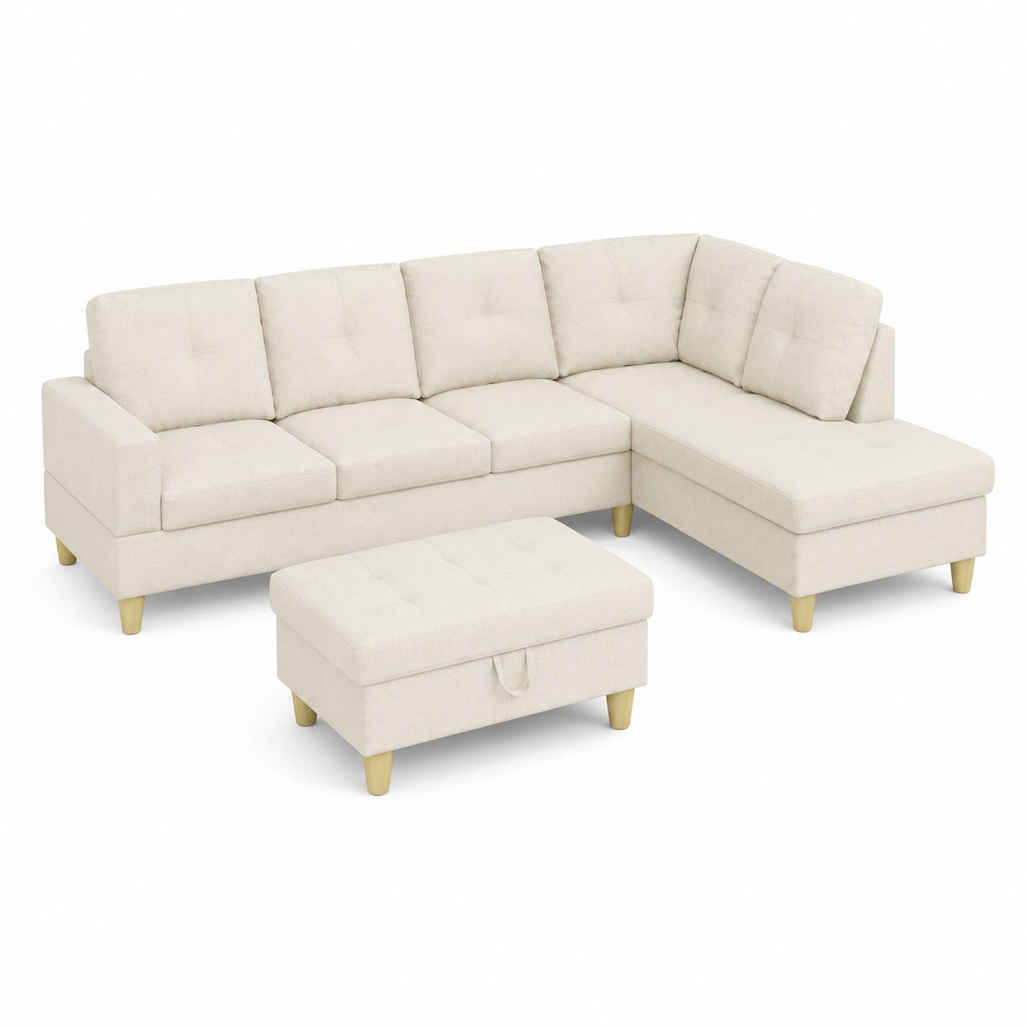 Canapé d'angle en tissu beige avec pouf
