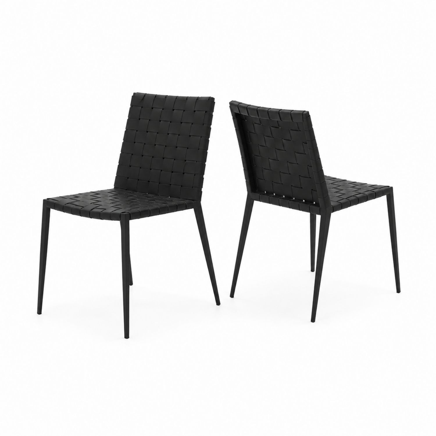 Lot de 2 chaises en cuir synthétique tressé noir avec cadre en métal