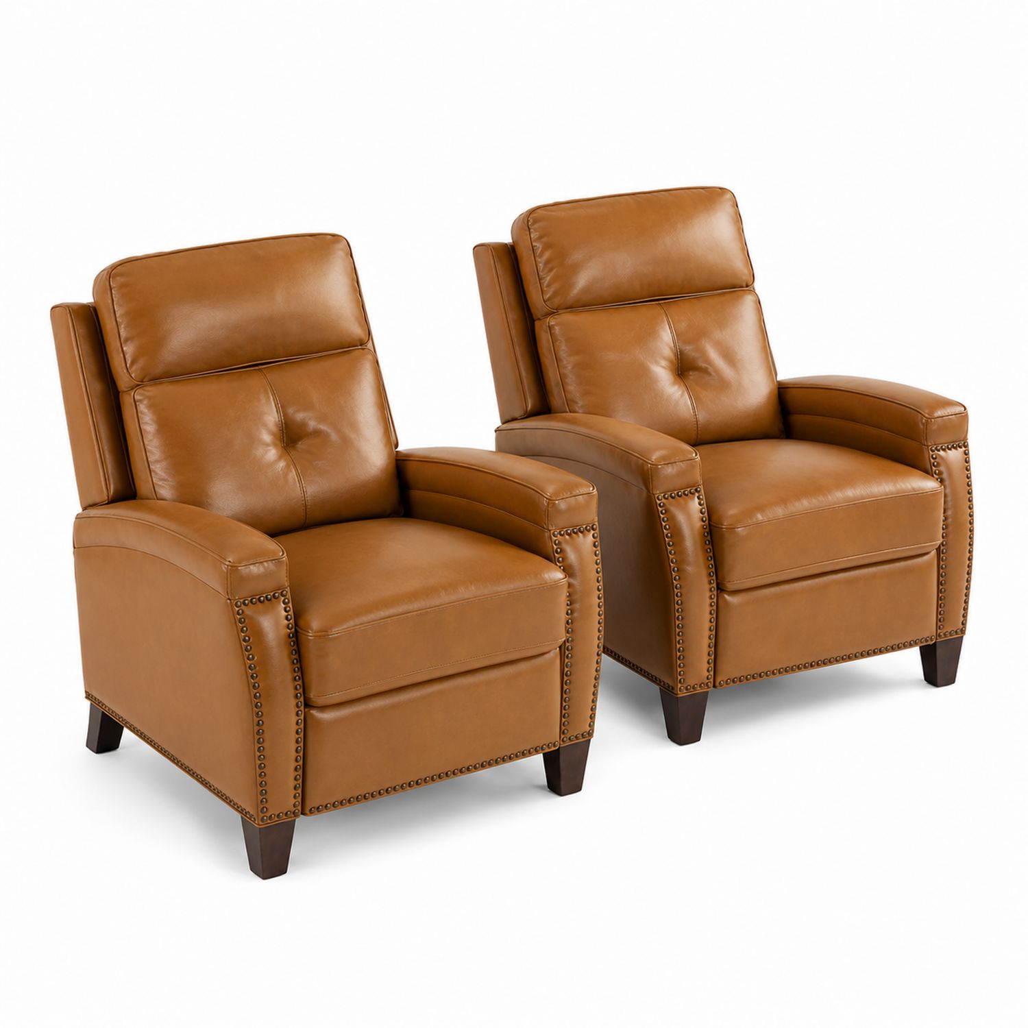 Paire de fauteuils inclinables en cuir avec pieds en bois