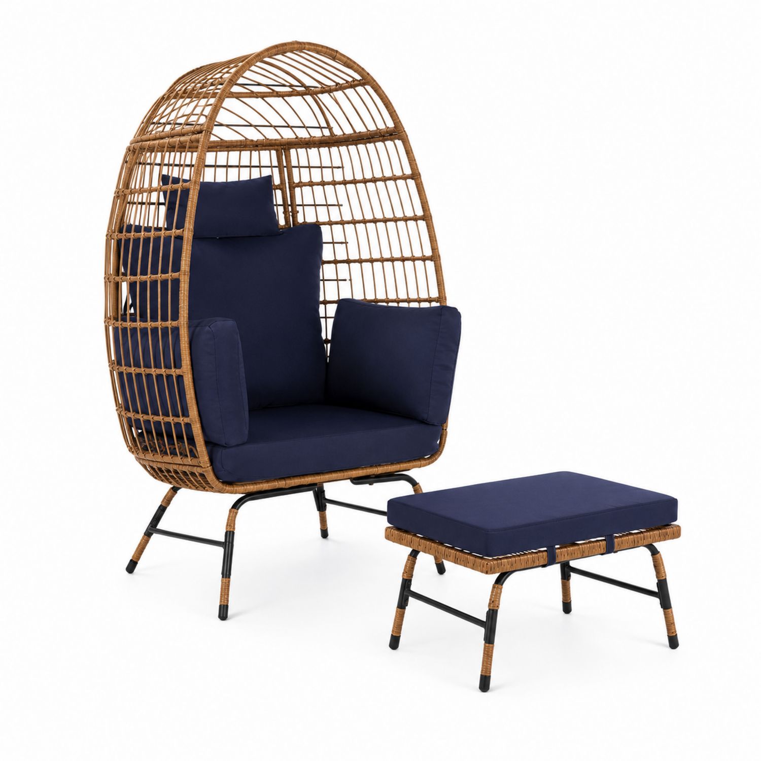 Fauteuil en rotin avec repose-pieds et coussins en polyester bleu