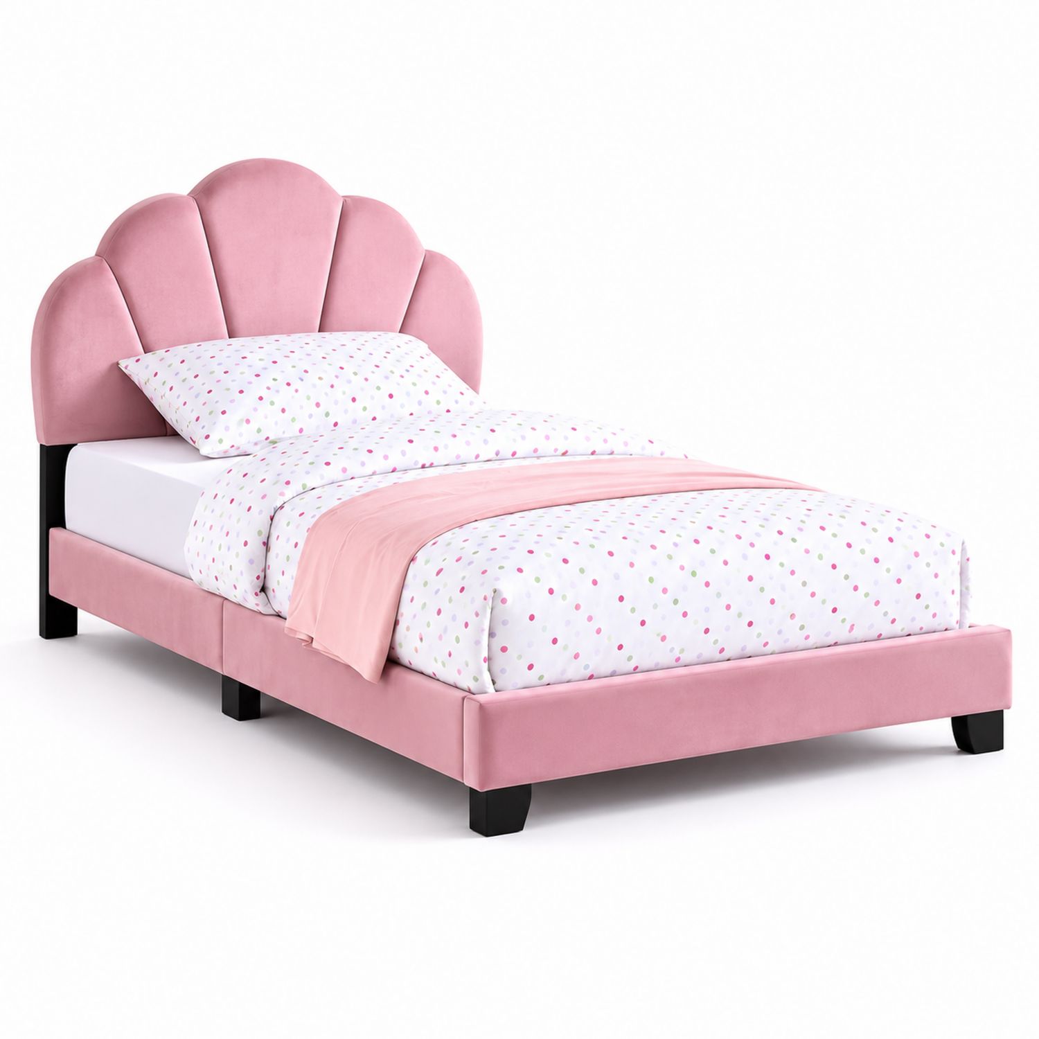 Lit simple en velours rose avec tête de lit coquillage 90x200 cm