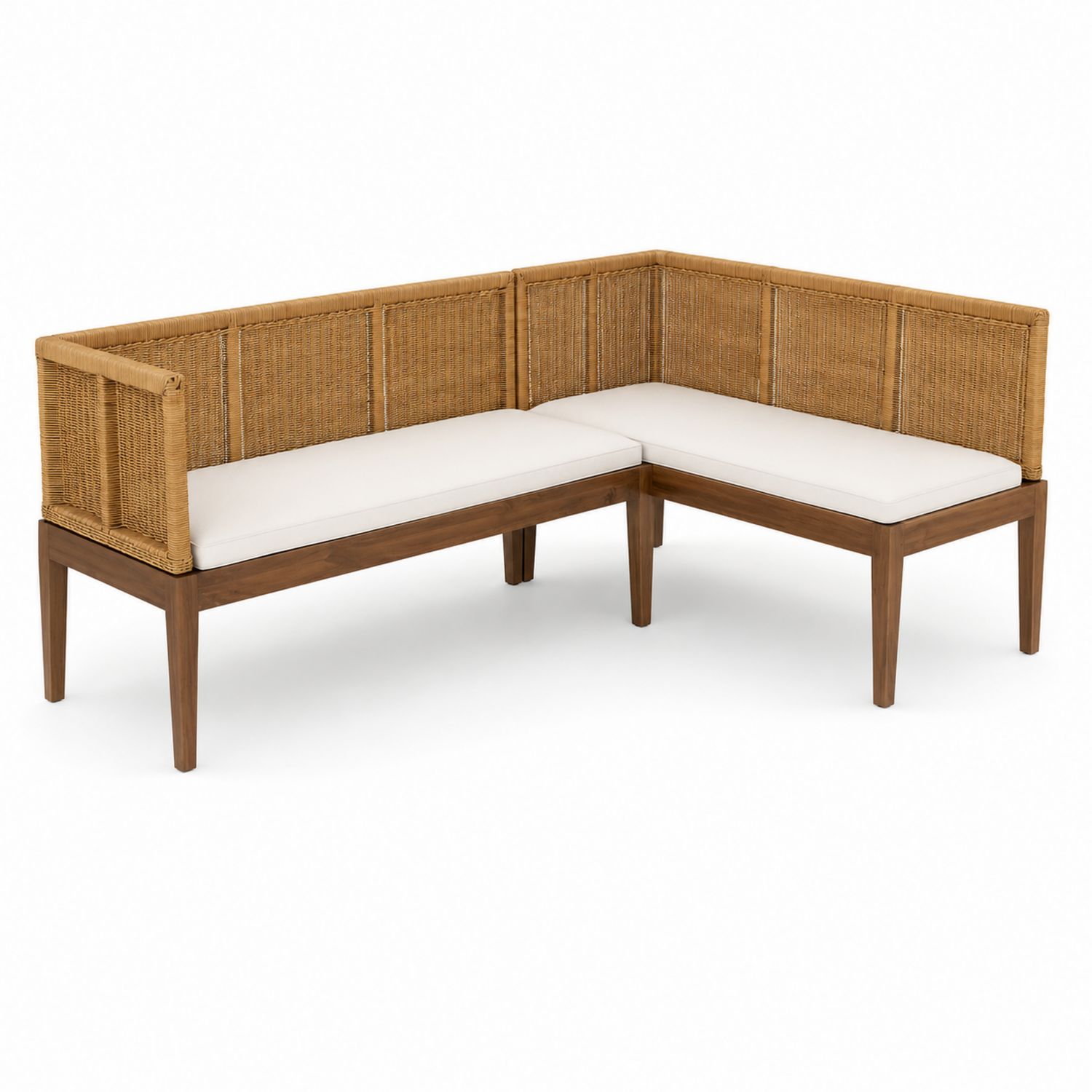 Canapé d'angle en rotin et bois avec coussins en polyester blanc