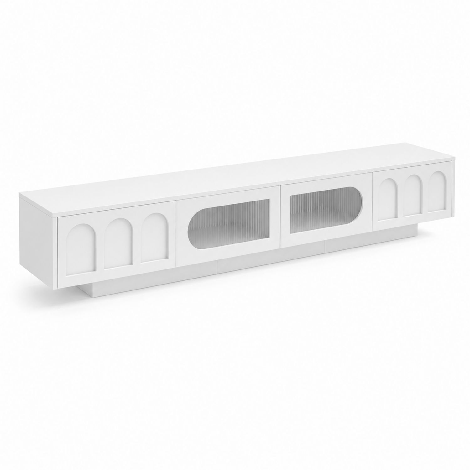 Meuble TV bas rectangulaire en bois avec portes en verre cannelé 240 cm