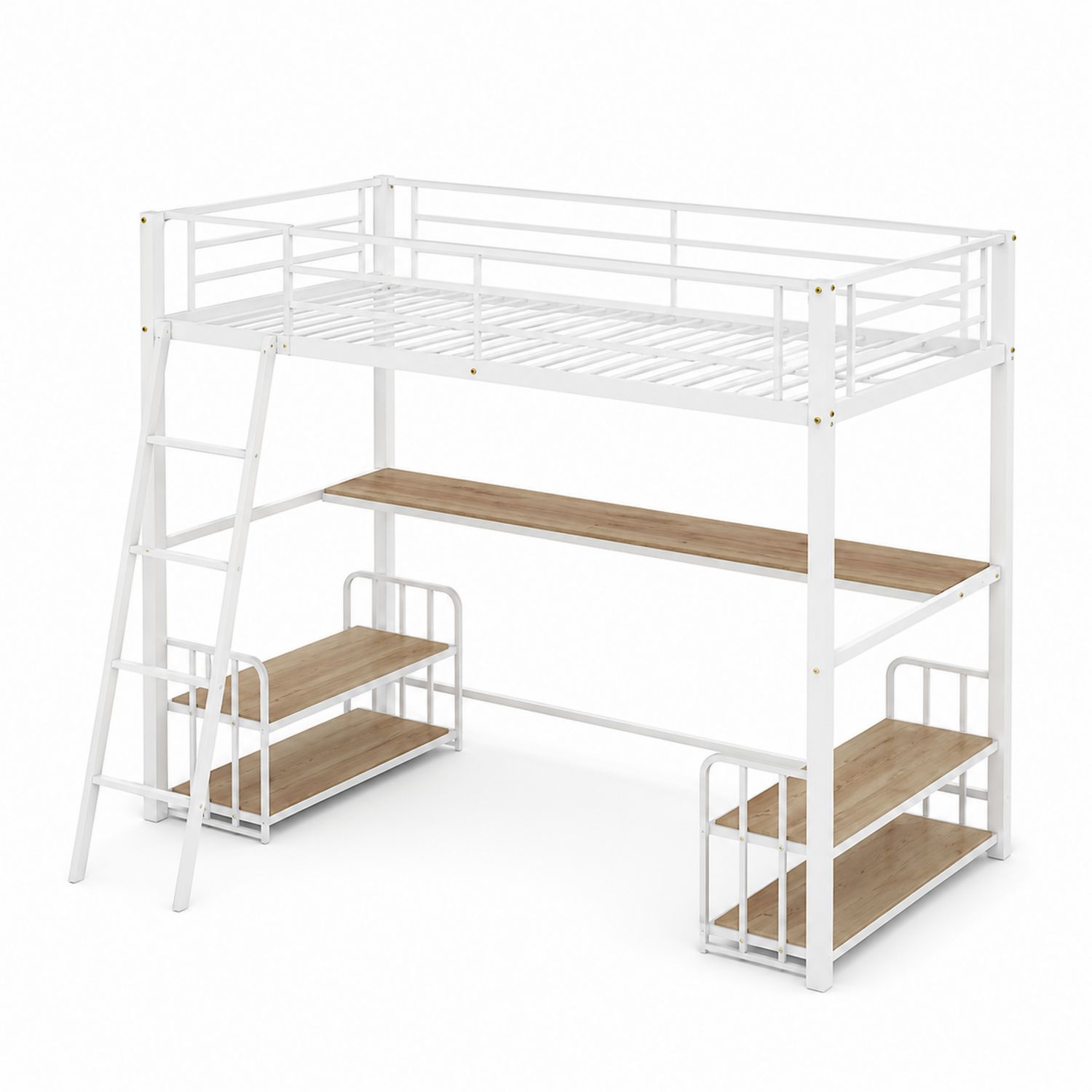 Lit mezzanine en métal et bois Blanc/Chêne avec bureau et étagères