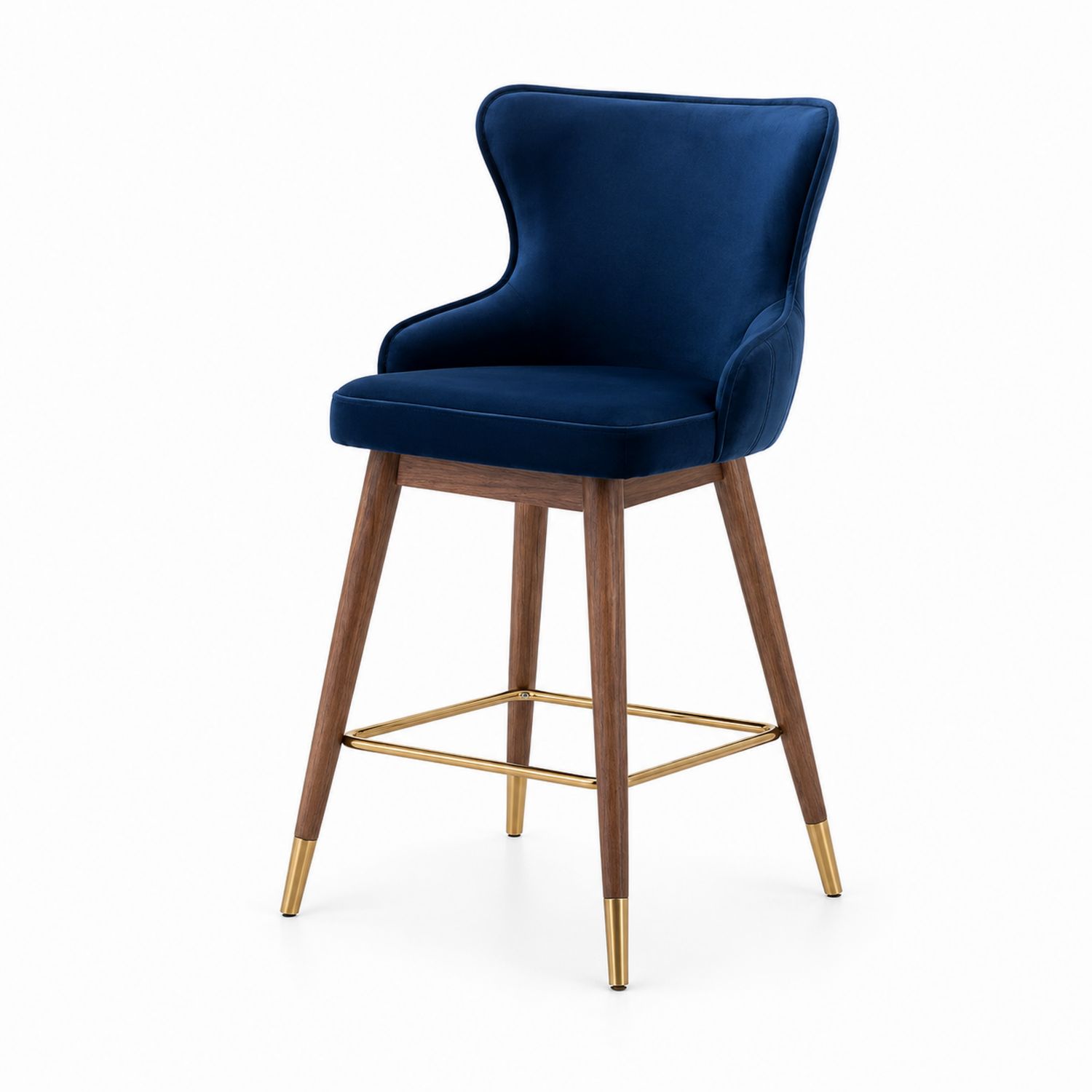Tabouret de bar en velours bleu, bois et laiton
