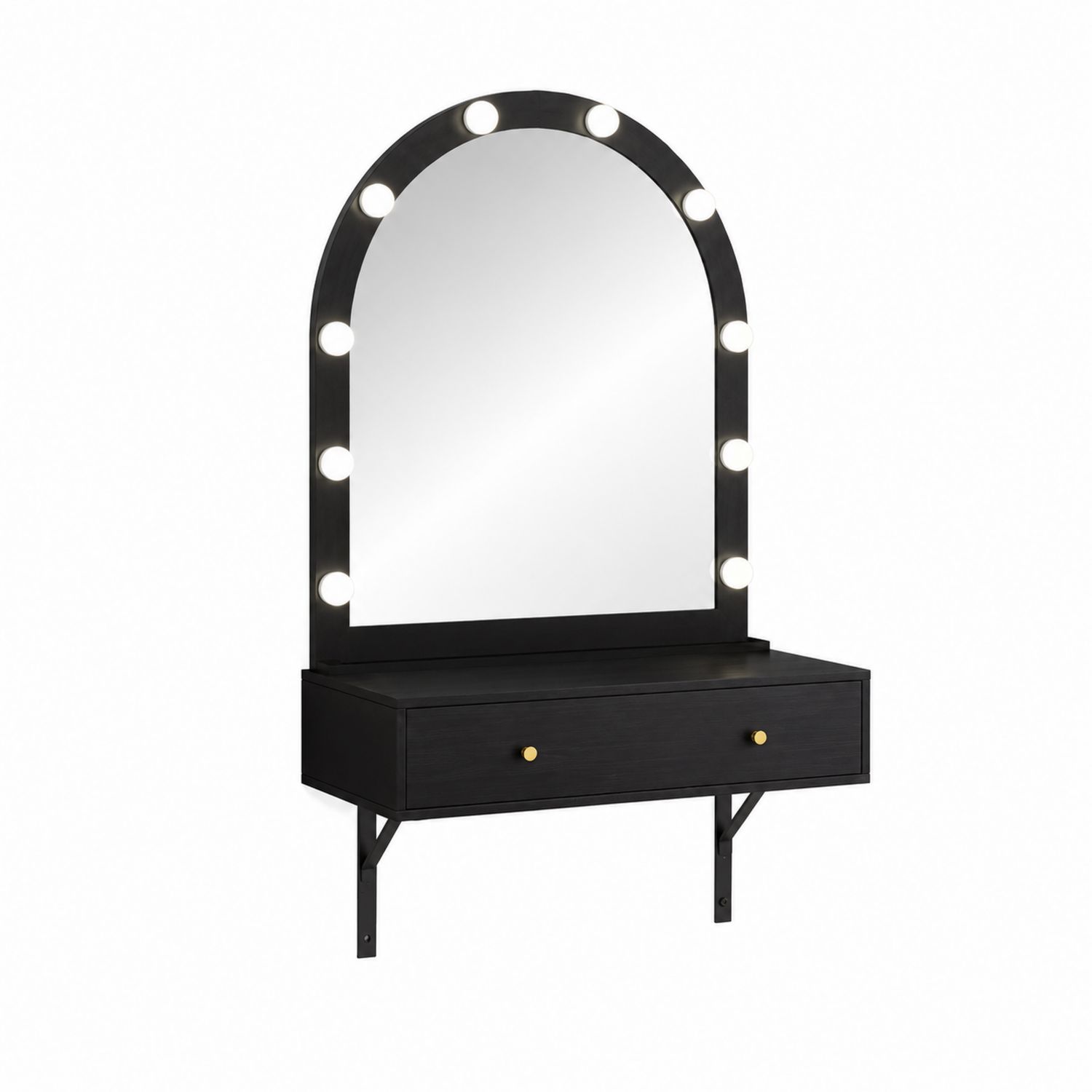 Coiffeuse murale avec miroir LED arqué en bois noir