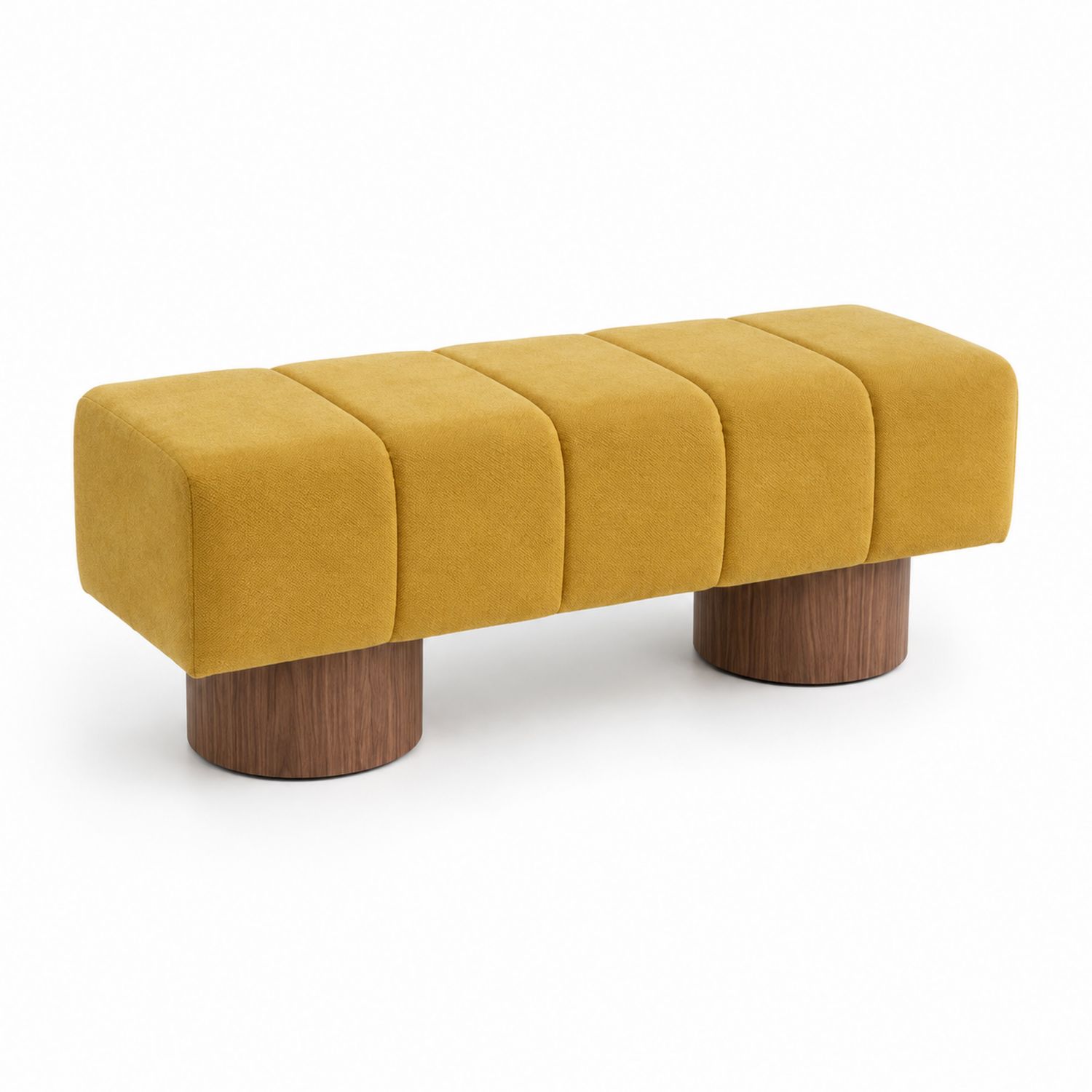 Banc rectangulaire en tissu polyester jaune avec pieds en bois