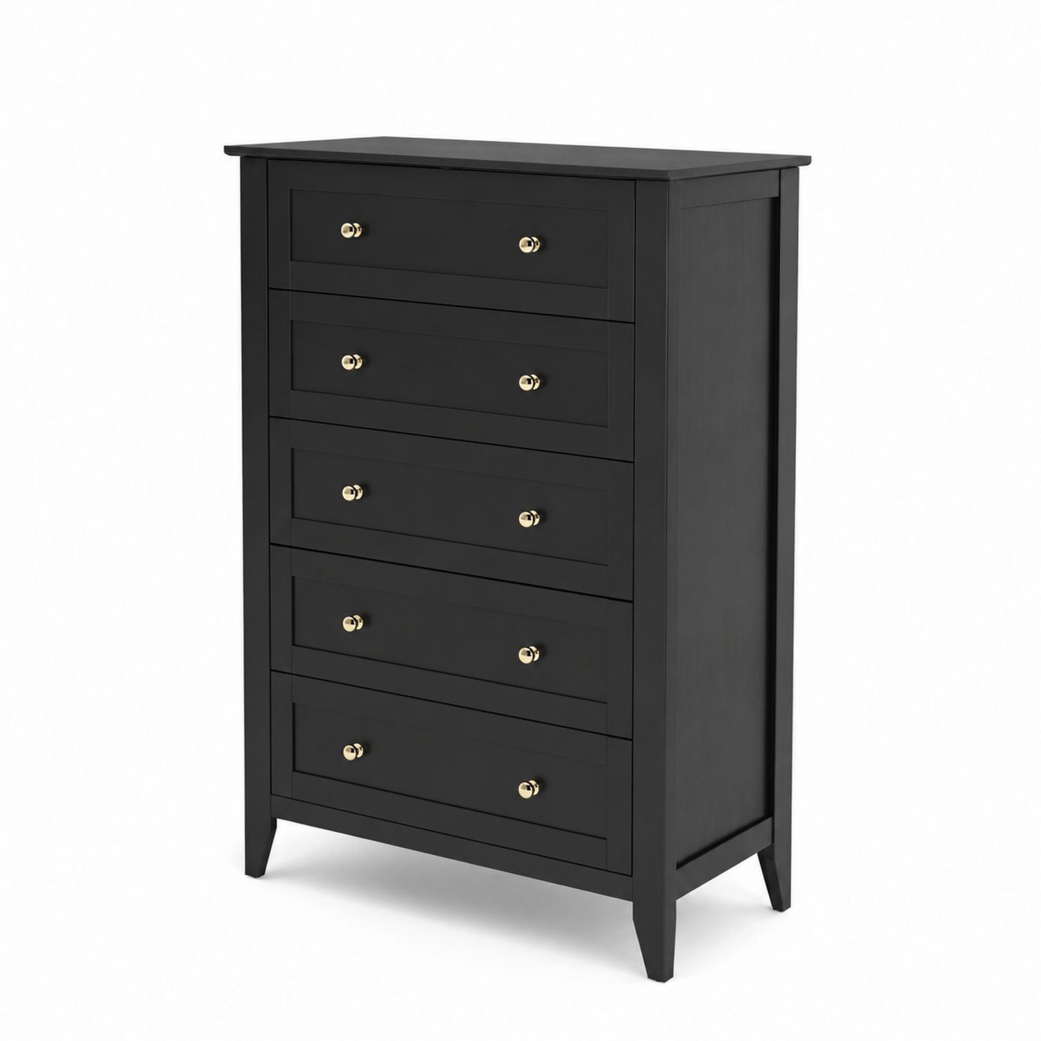 Commode en Bois Massif Noir avec 5 Tiroirs et Poignées Dorées 120x80x40 cm