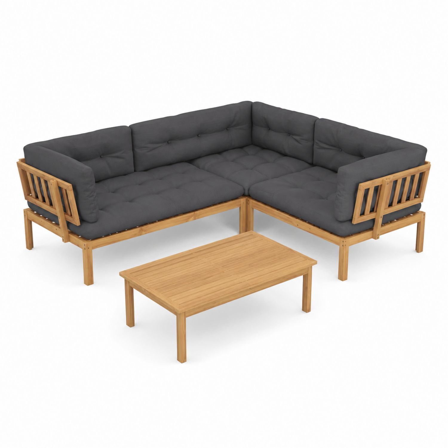 Ensemble de canapé d'angle en bois avec table et coussins en tissu gris