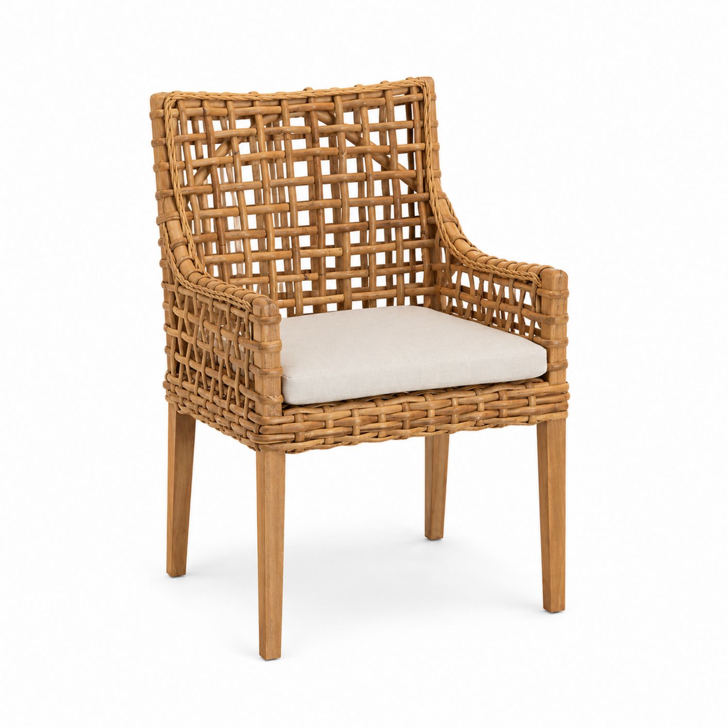 Chaise en rotin et bois avec coussin beige