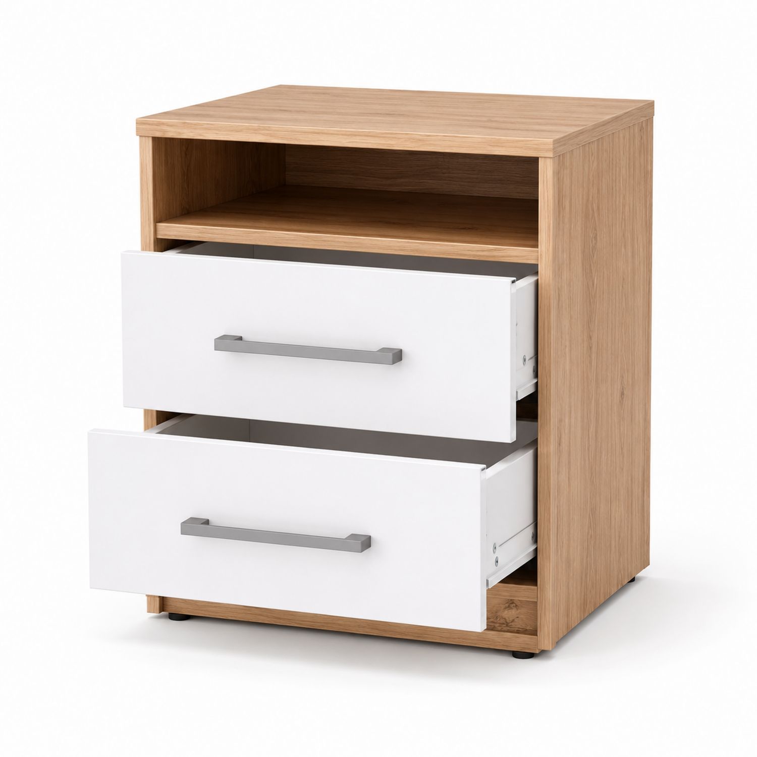 Table de chevet en bois avec 2 tiroirs blancs et finition chêne