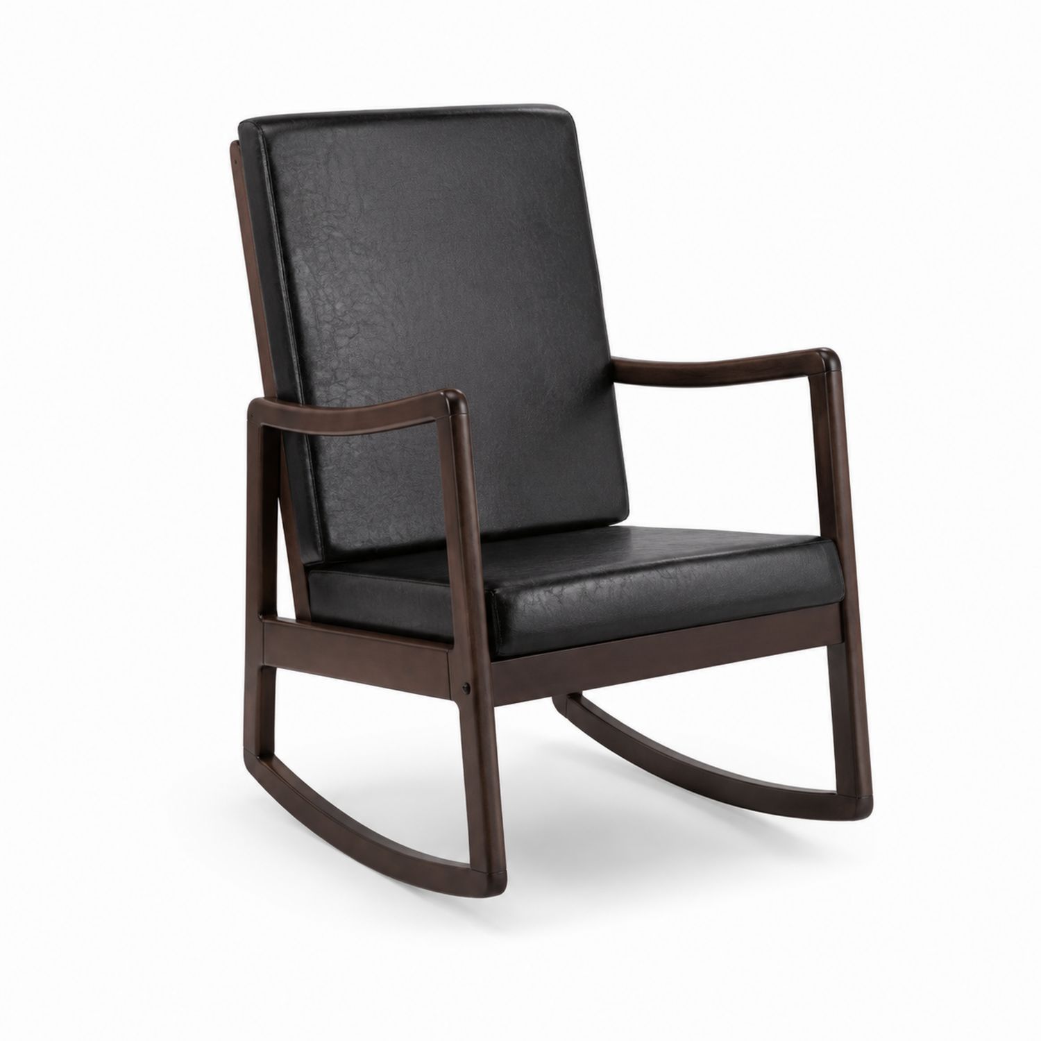 Chaise à bascule en bois massif et cuir synthétique noir