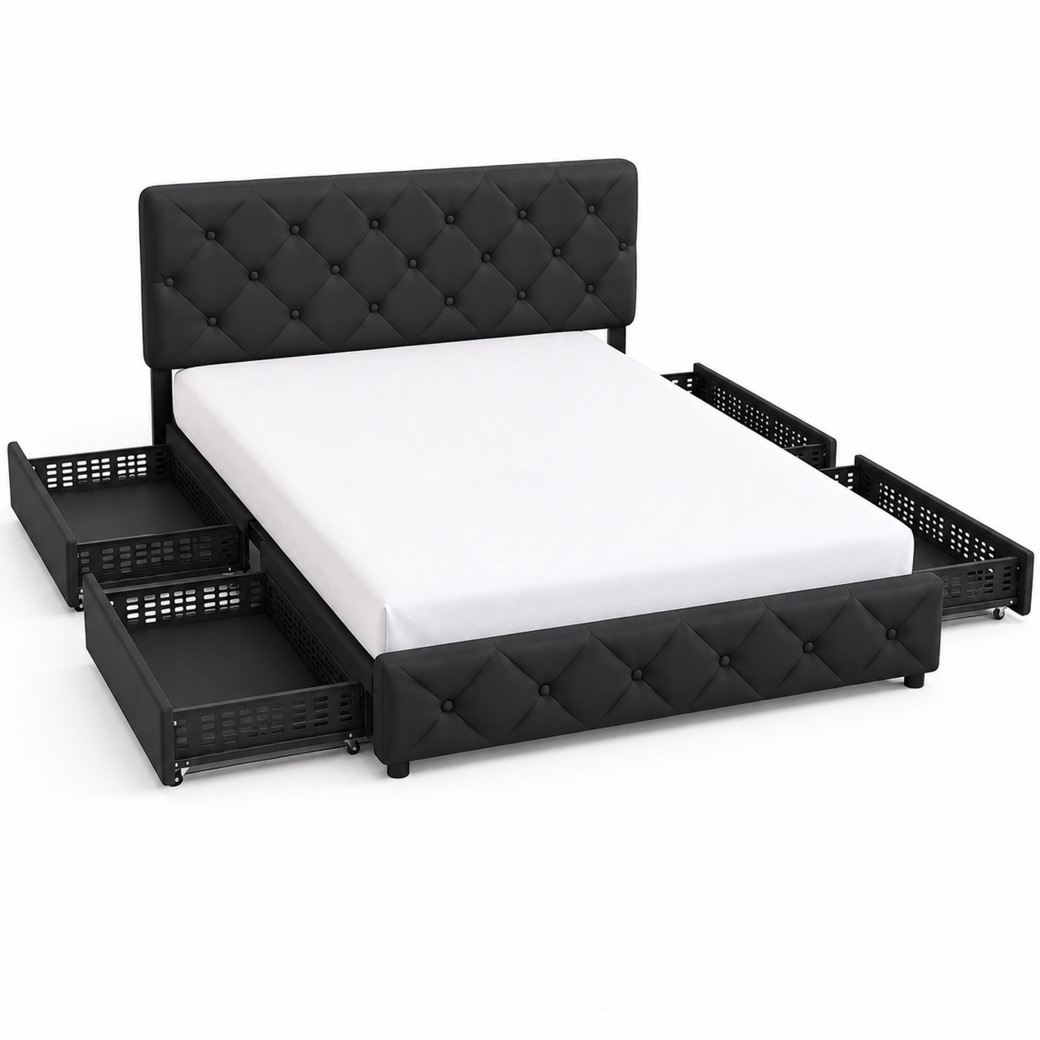 Lit double en bois et similicuir noir avec rangement 200x160 cm
