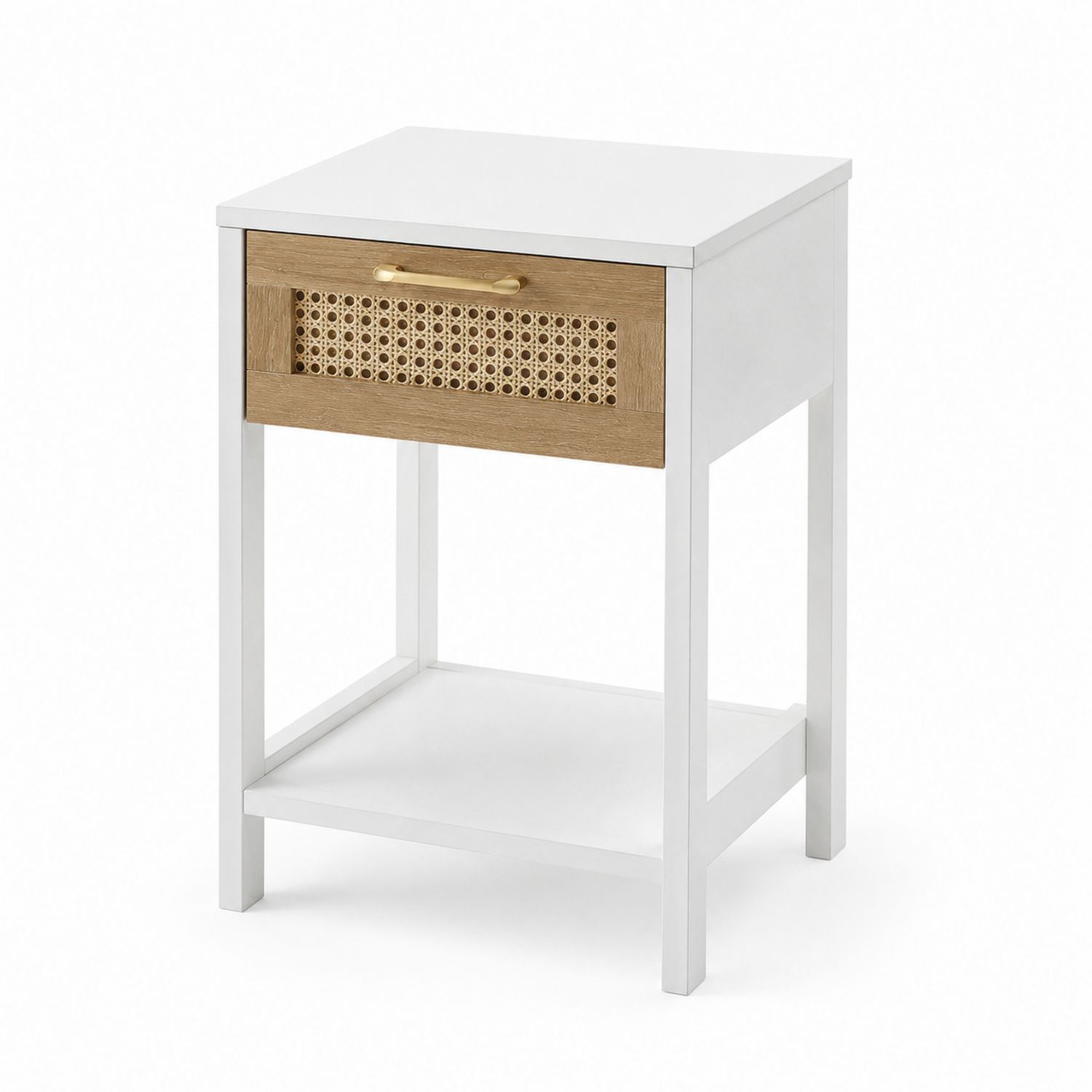 Table de chevet en bois et rotin avec étagère