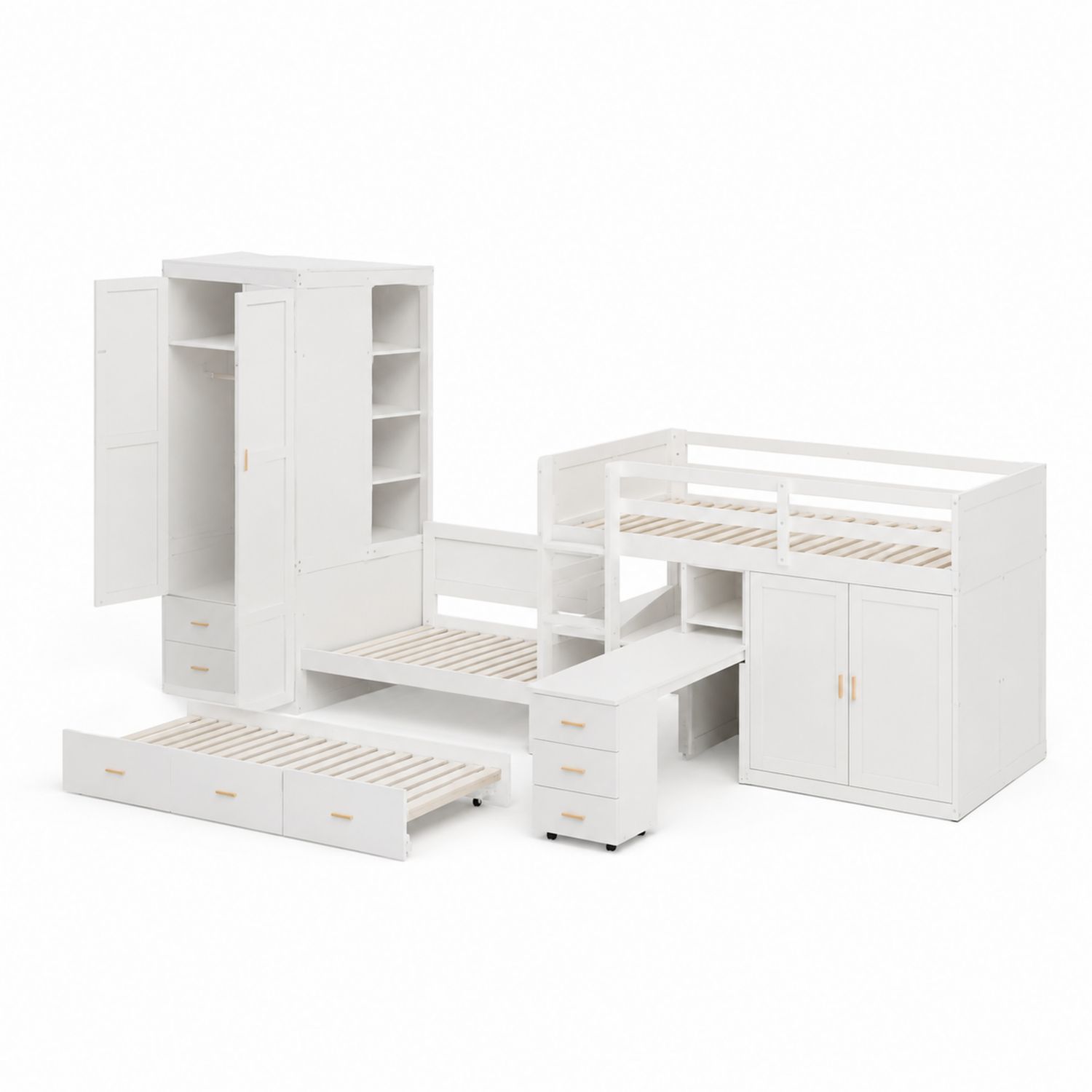Ensemble de chambre en bois de pin avec lit mezzanine et armoire blanche