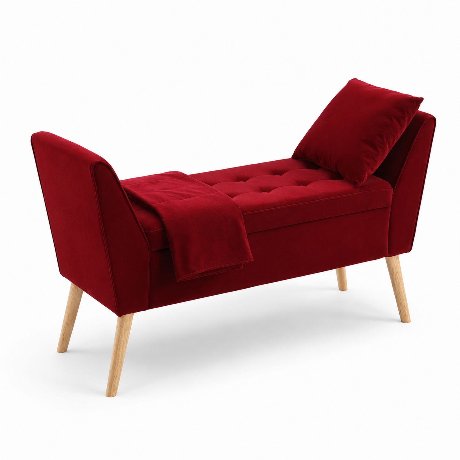 Banc en velours avec pieds en bois Rouge
