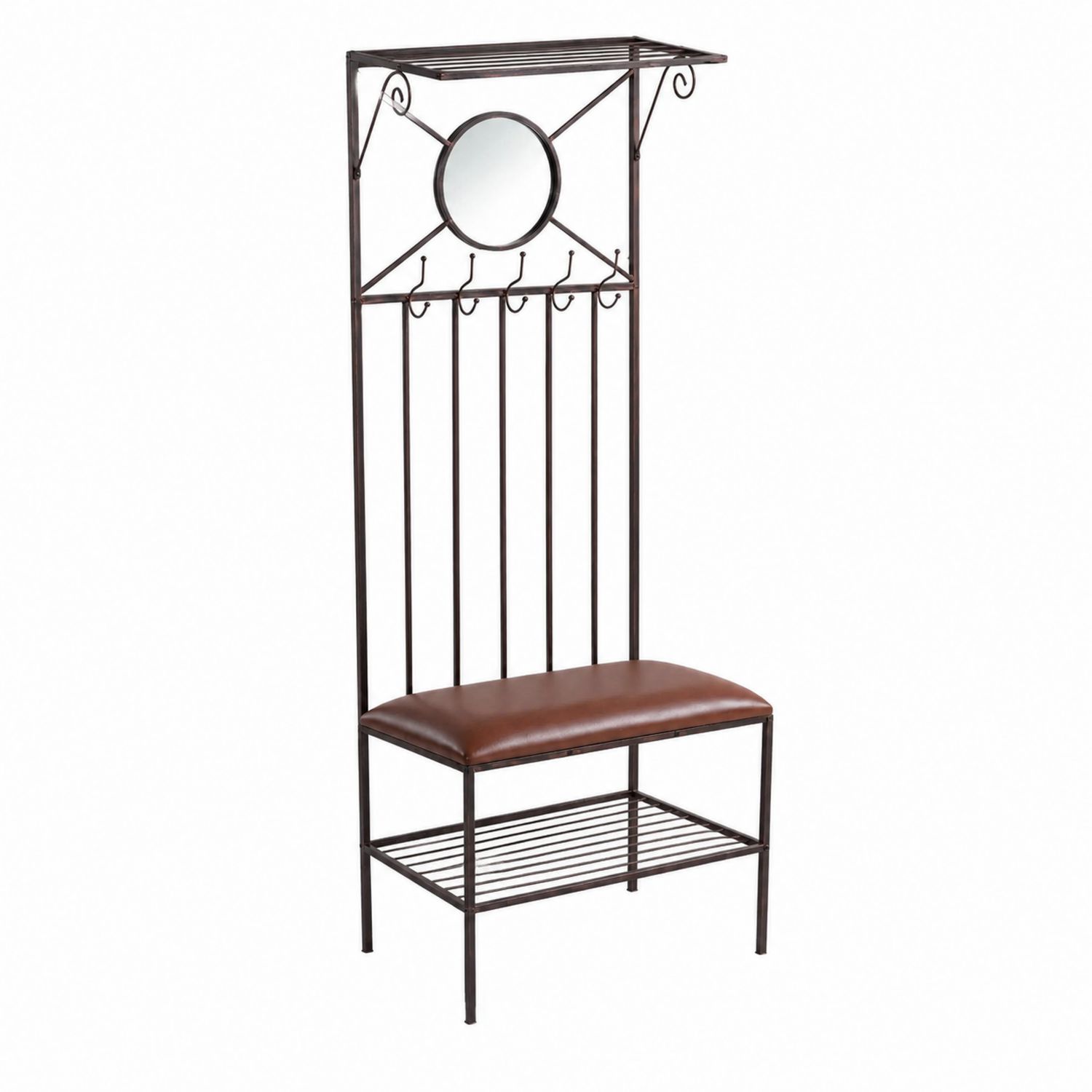 Porte-manteaux en acier avec banc et miroir rond
