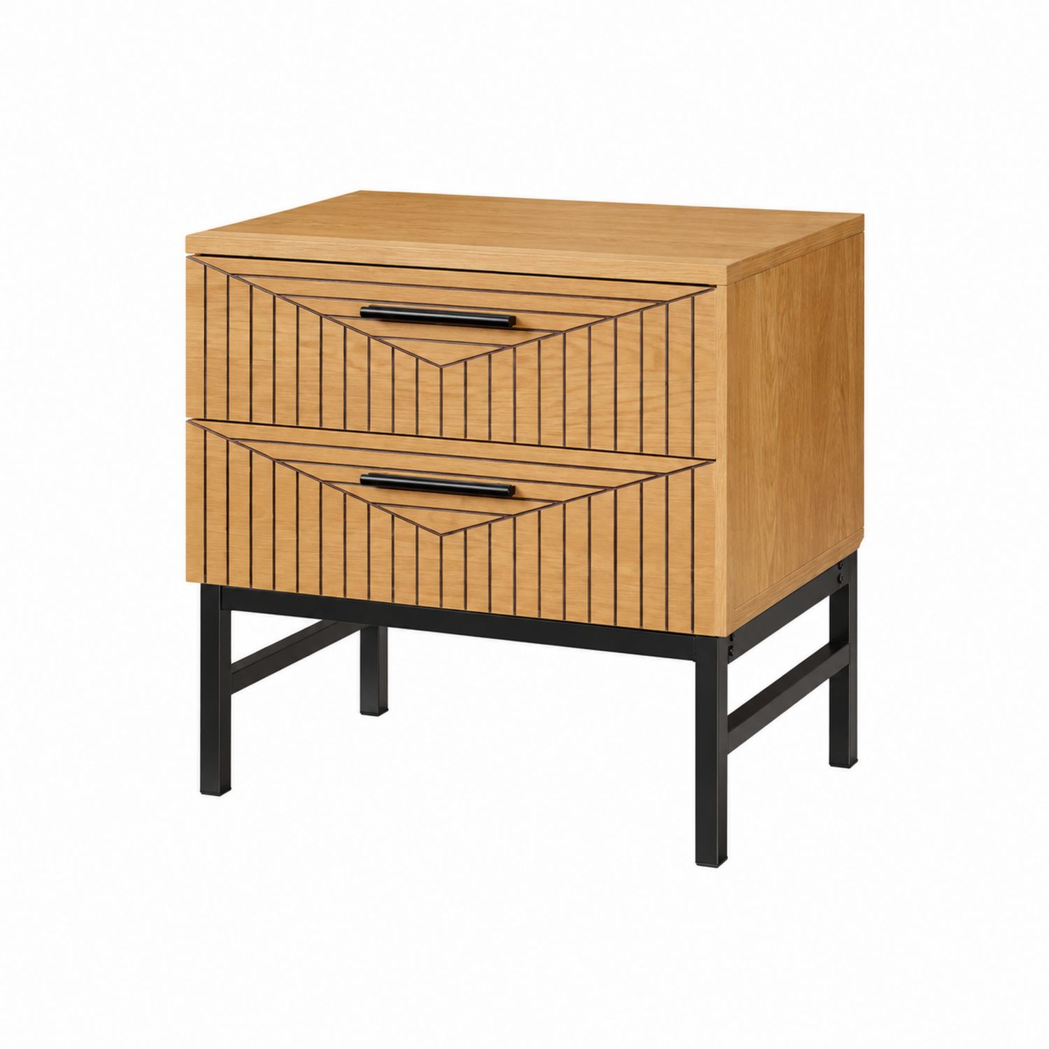 Table de chevet en bois avec tiroirs en métal noir