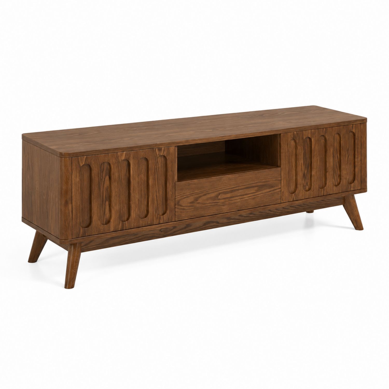 Meuble TV en Bois avec Portes et Étagères en Chêne Marron