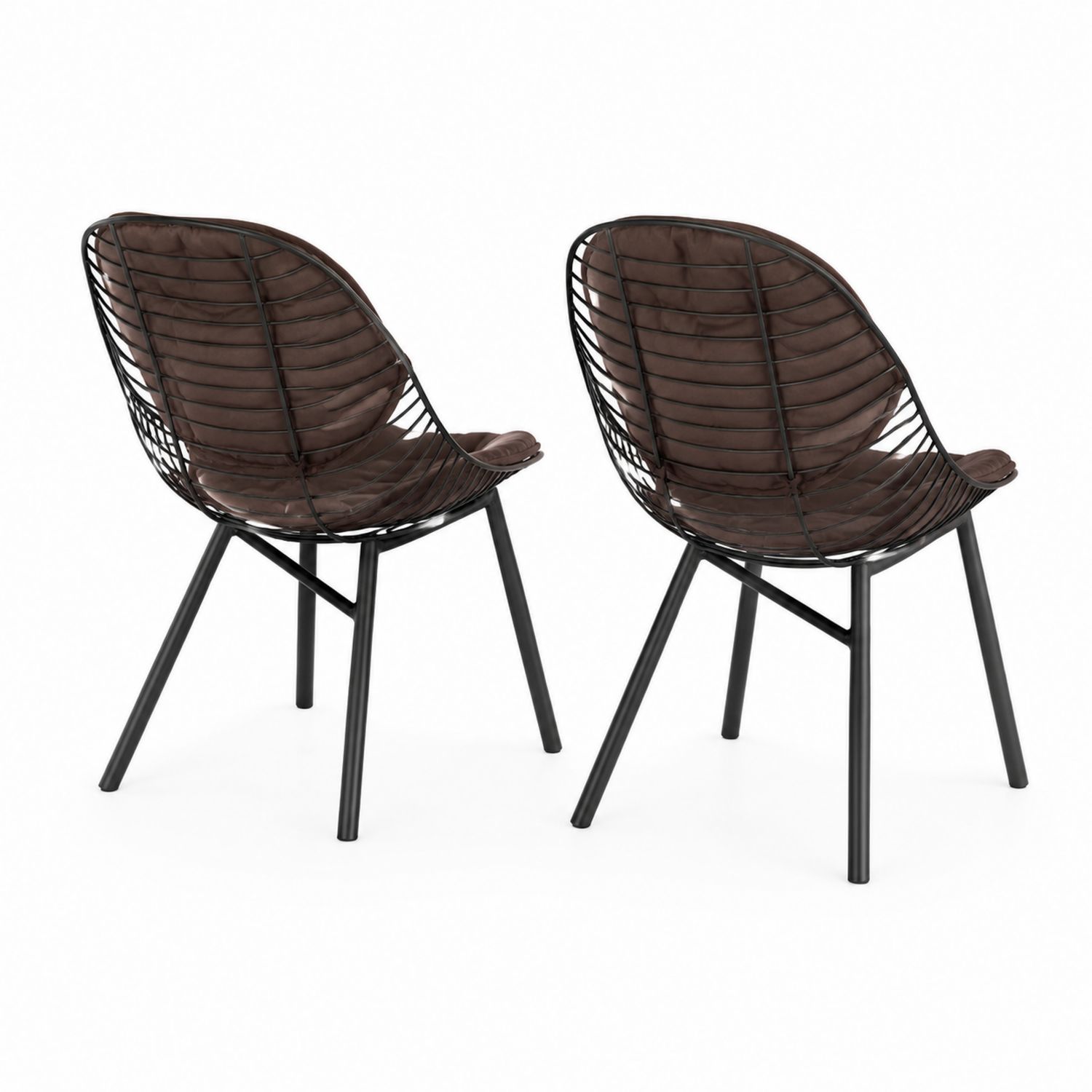Lot de 2 chaises en métal avec coussins en tissu marron