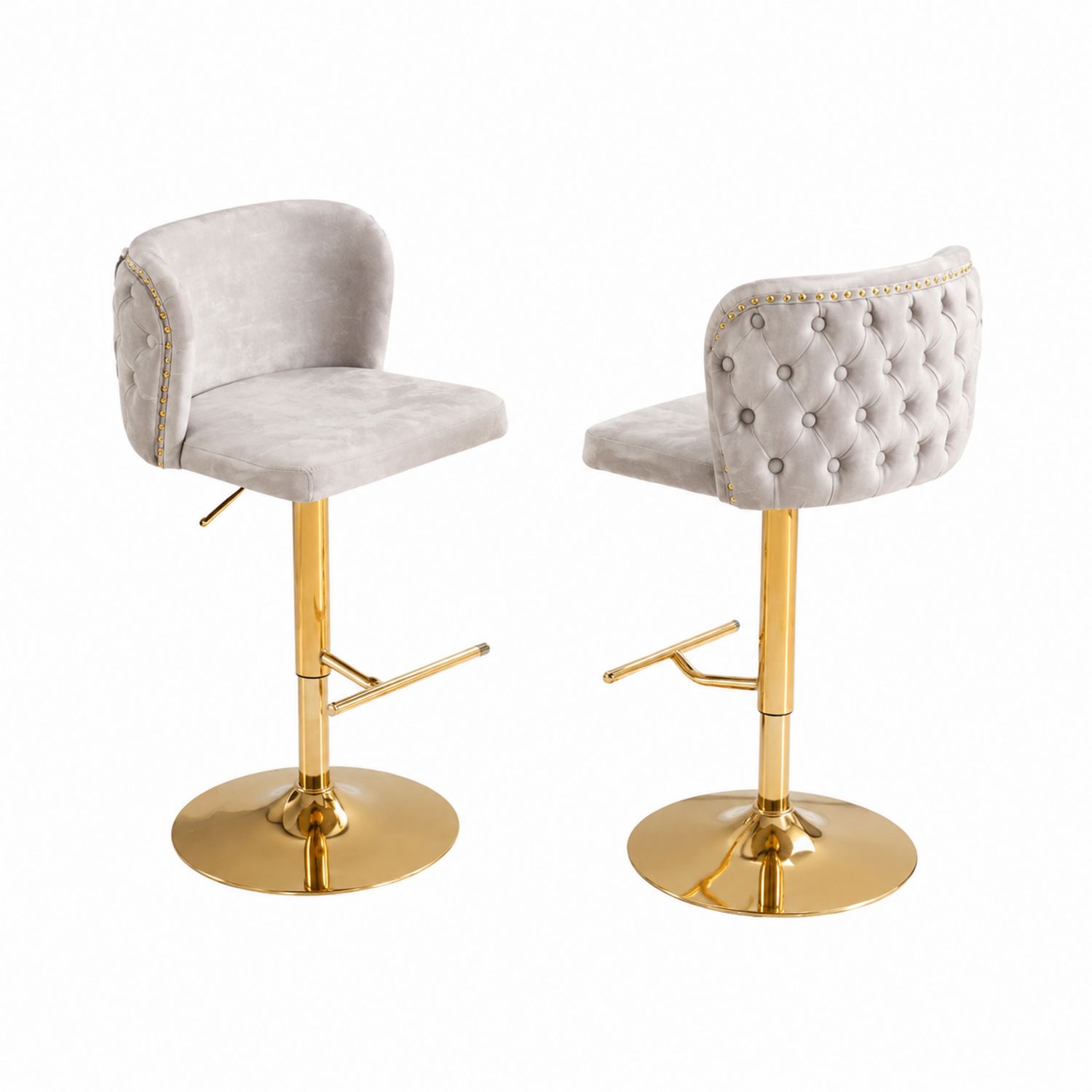 Paire de Tabourets de Bar en Velours et Métal Doré Réglables