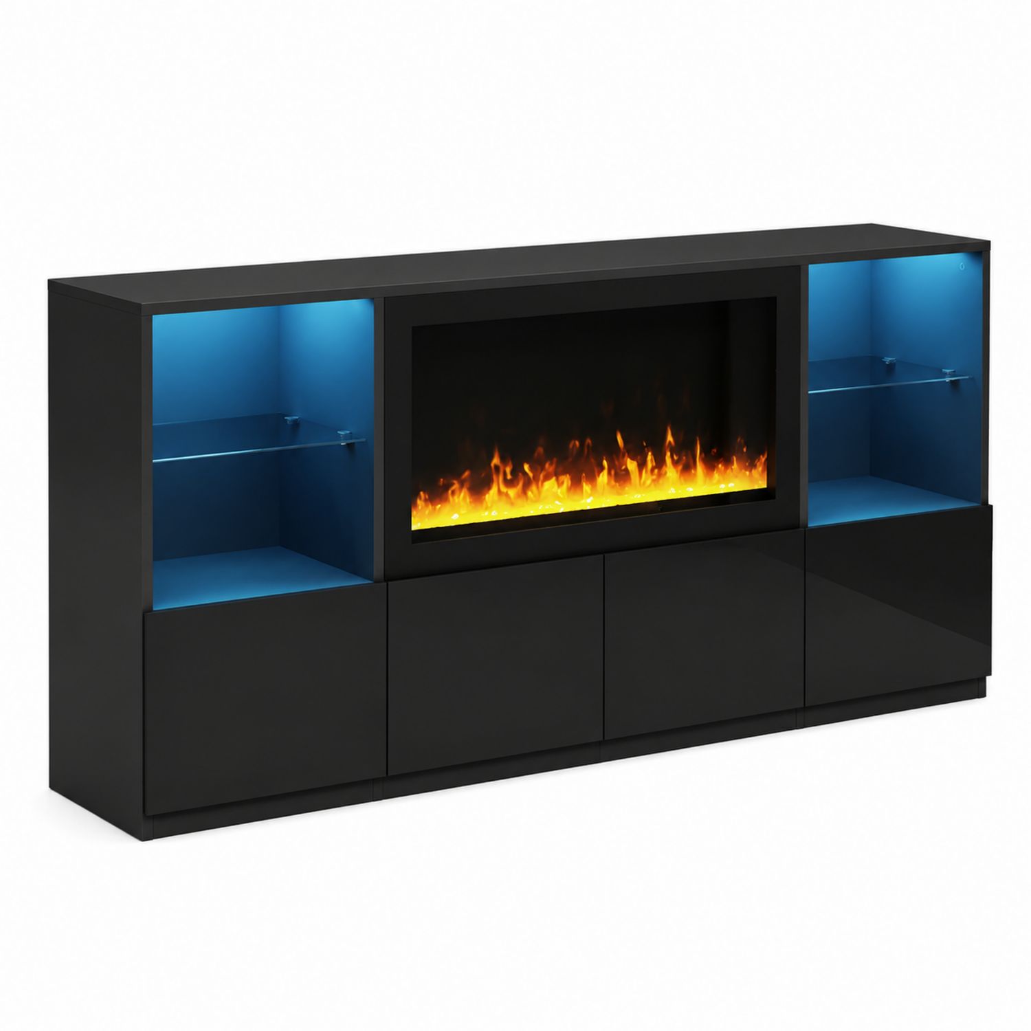 Meuble TV avec cheminée électrique et éclairage LED Noir
