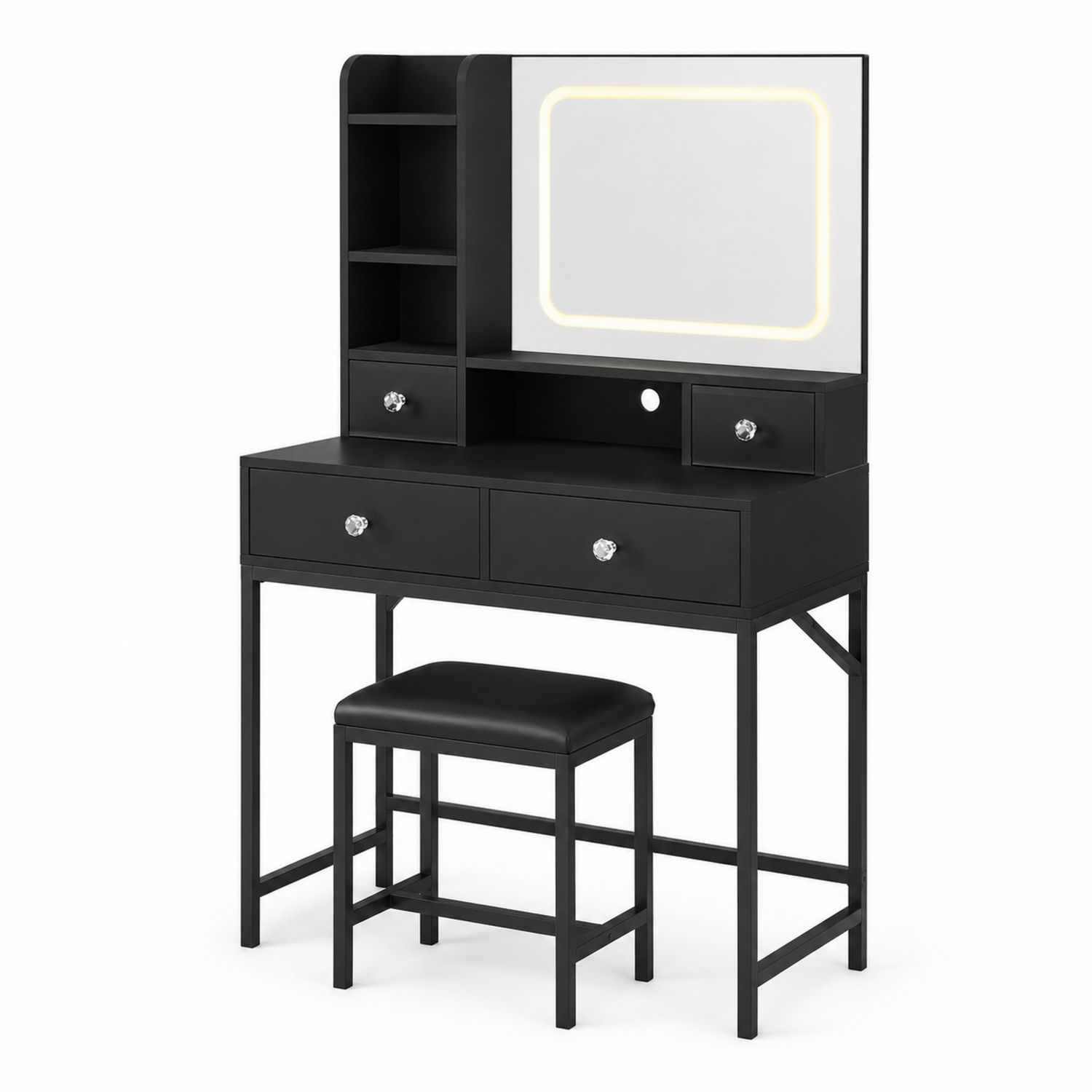 Coiffeuse avec miroir éclairé et tabouret en bois noir
