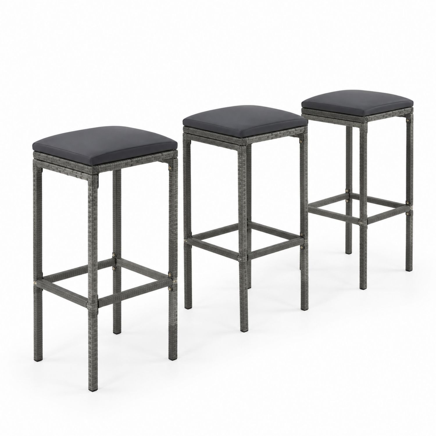 Set de 3 tabourets de bar en résine tressée avec coussin en polyester gris foncé 75 cm