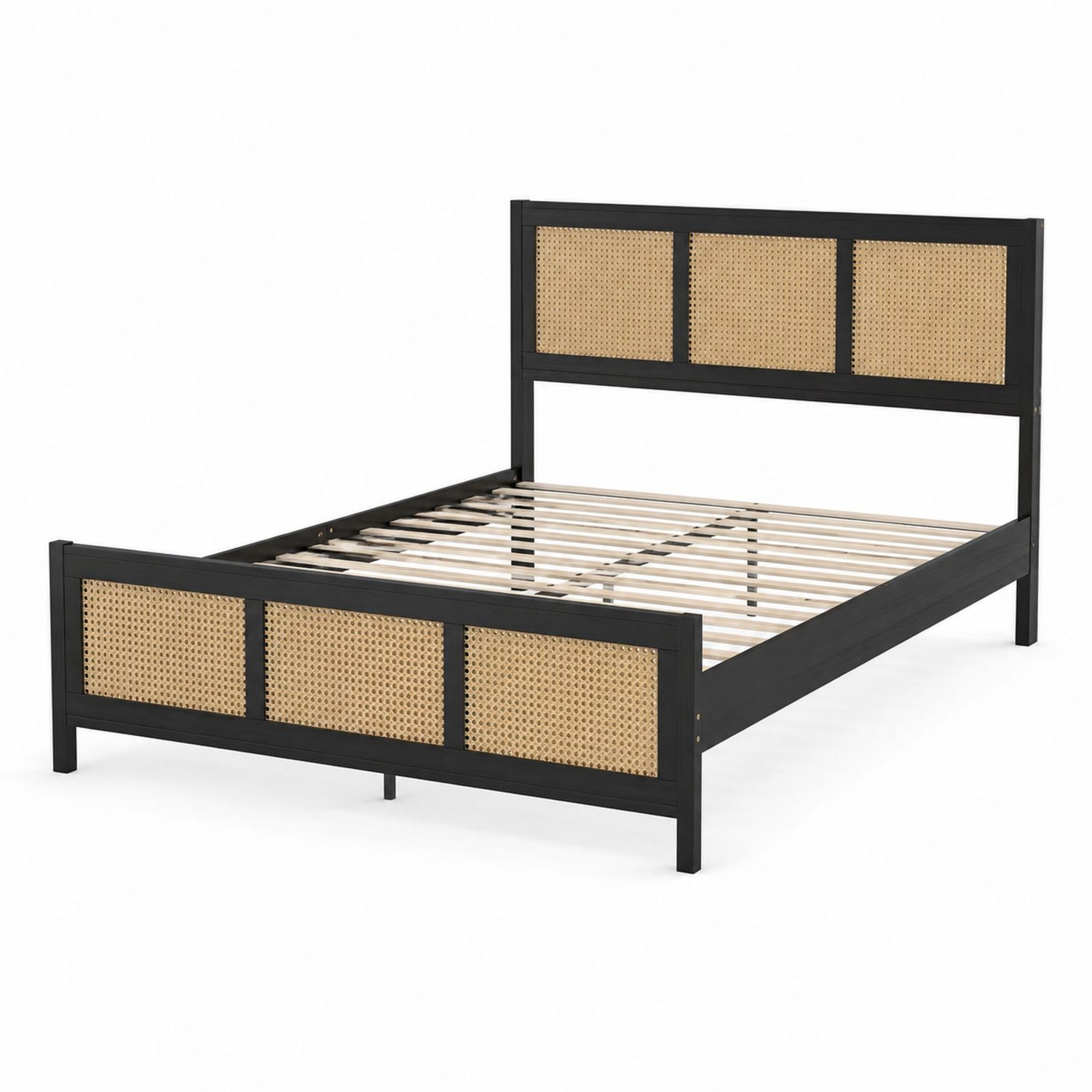 Lit double en bois et rotin 200x160 cm Noir et Naturel