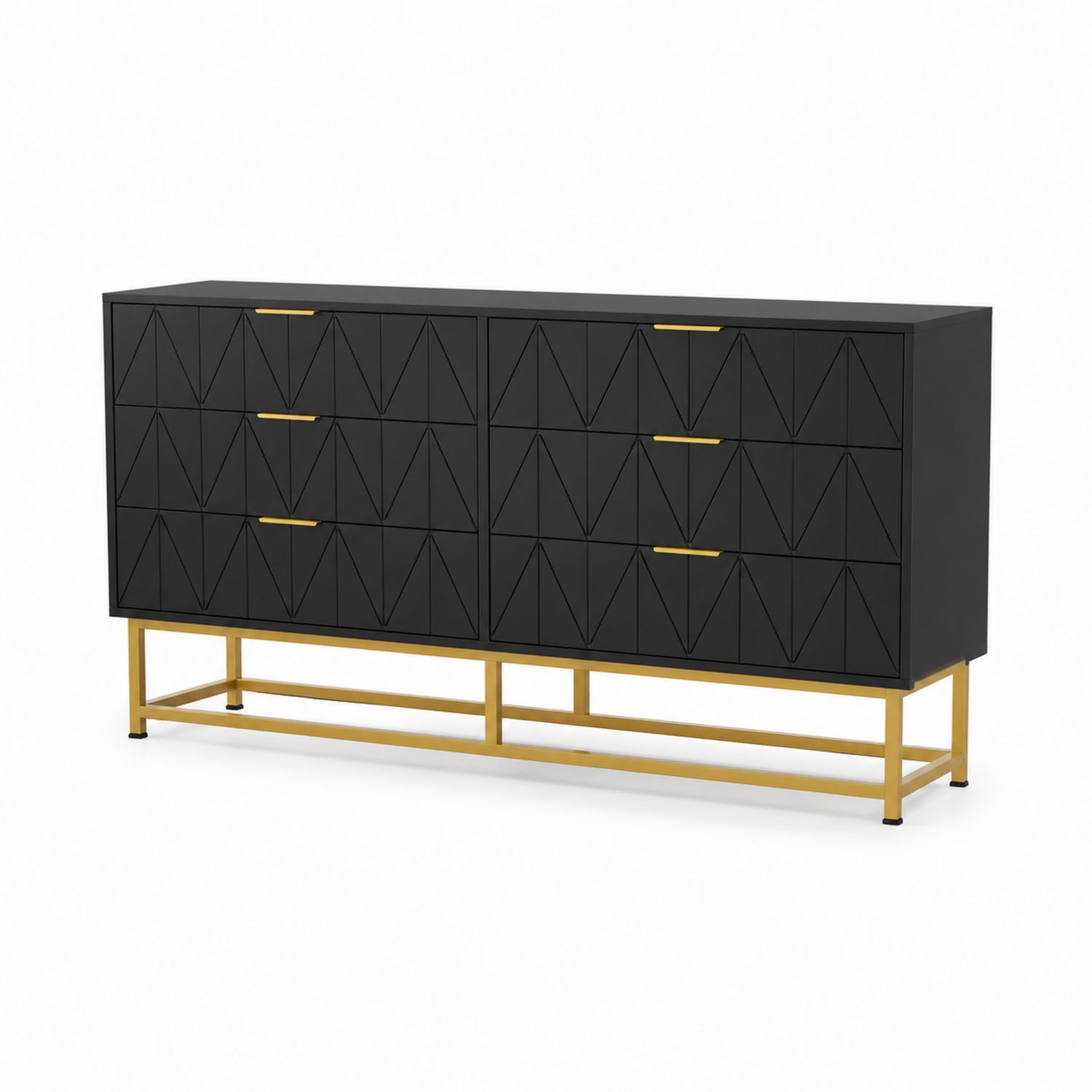 Commode en Bois Noir avec Base en Métal Doré et 6 Tiroirs