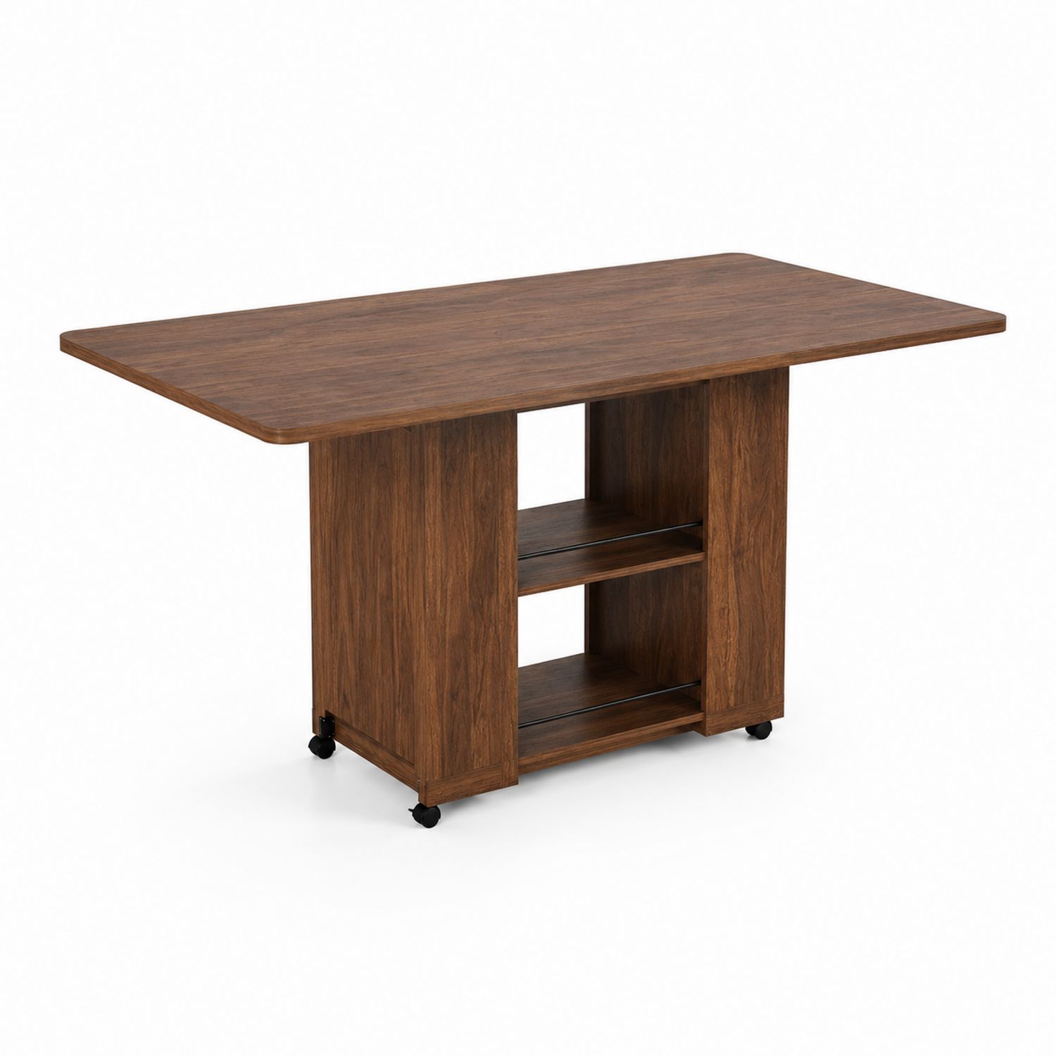 Table à manger rectangulaire en bois avec roulettes et étagères intégrées