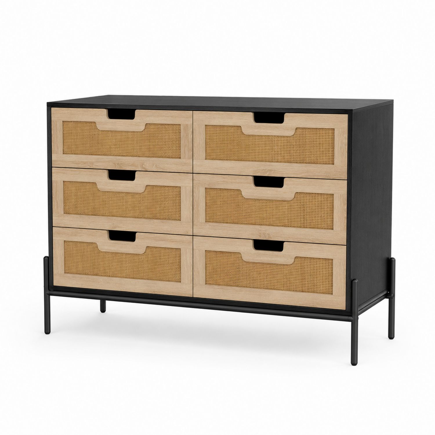 Commode à 6 tiroirs en bois et rotin avec structure noire