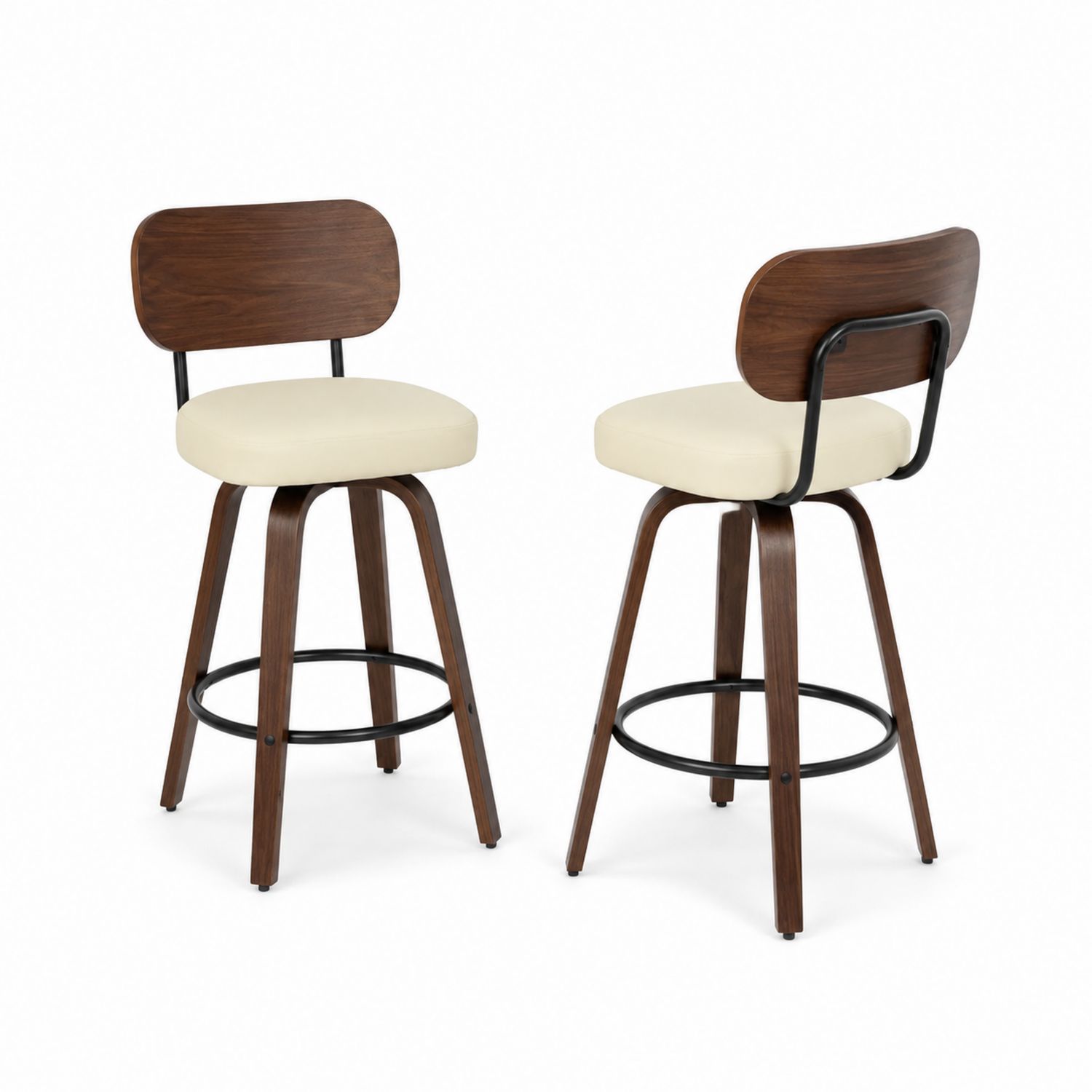 Tabourets de bar pivotants en bois et cuir synthétique crème, lot de 2