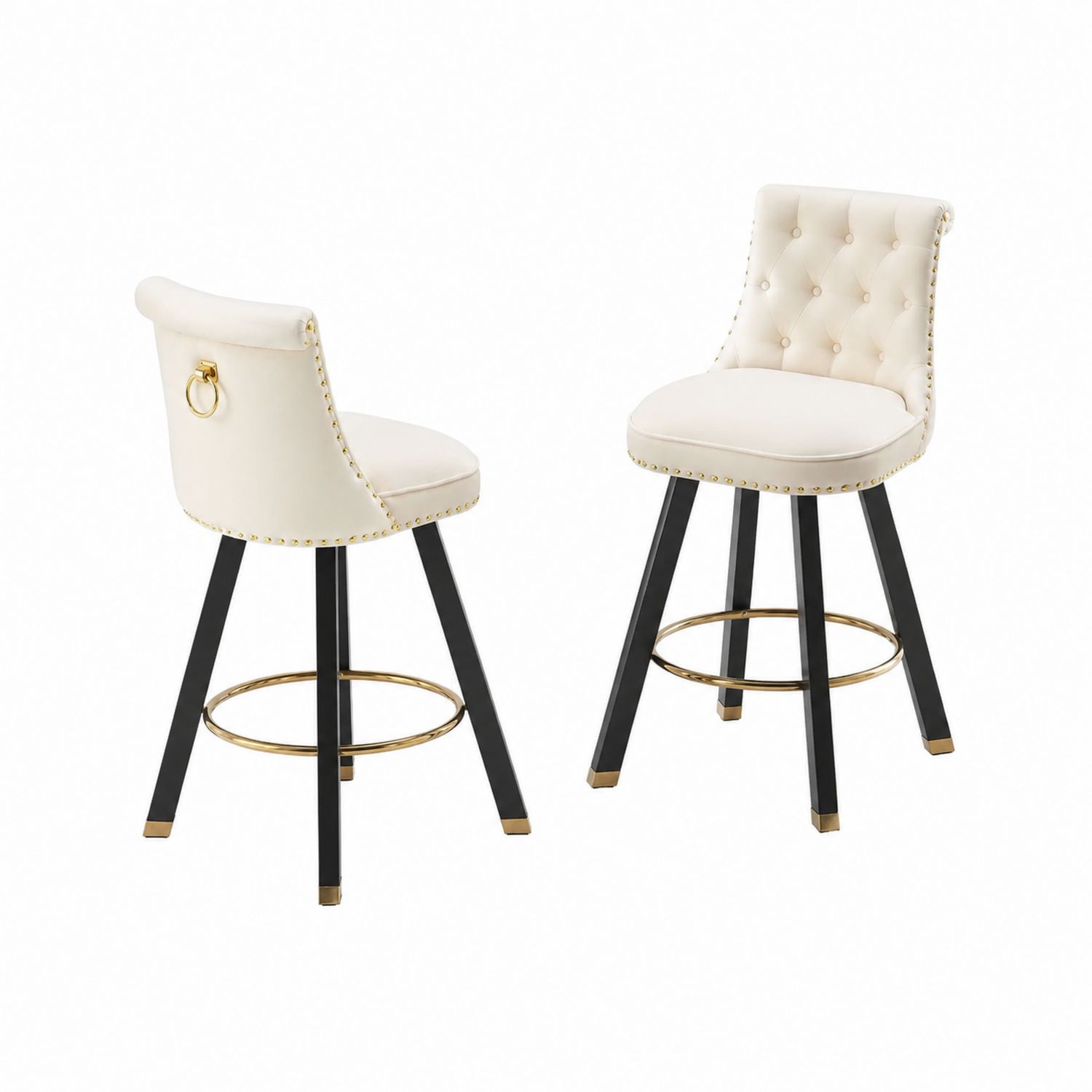 Tabourets de bar en velours avec pieds en métal noir et repose-pieds doré - Lot de 2