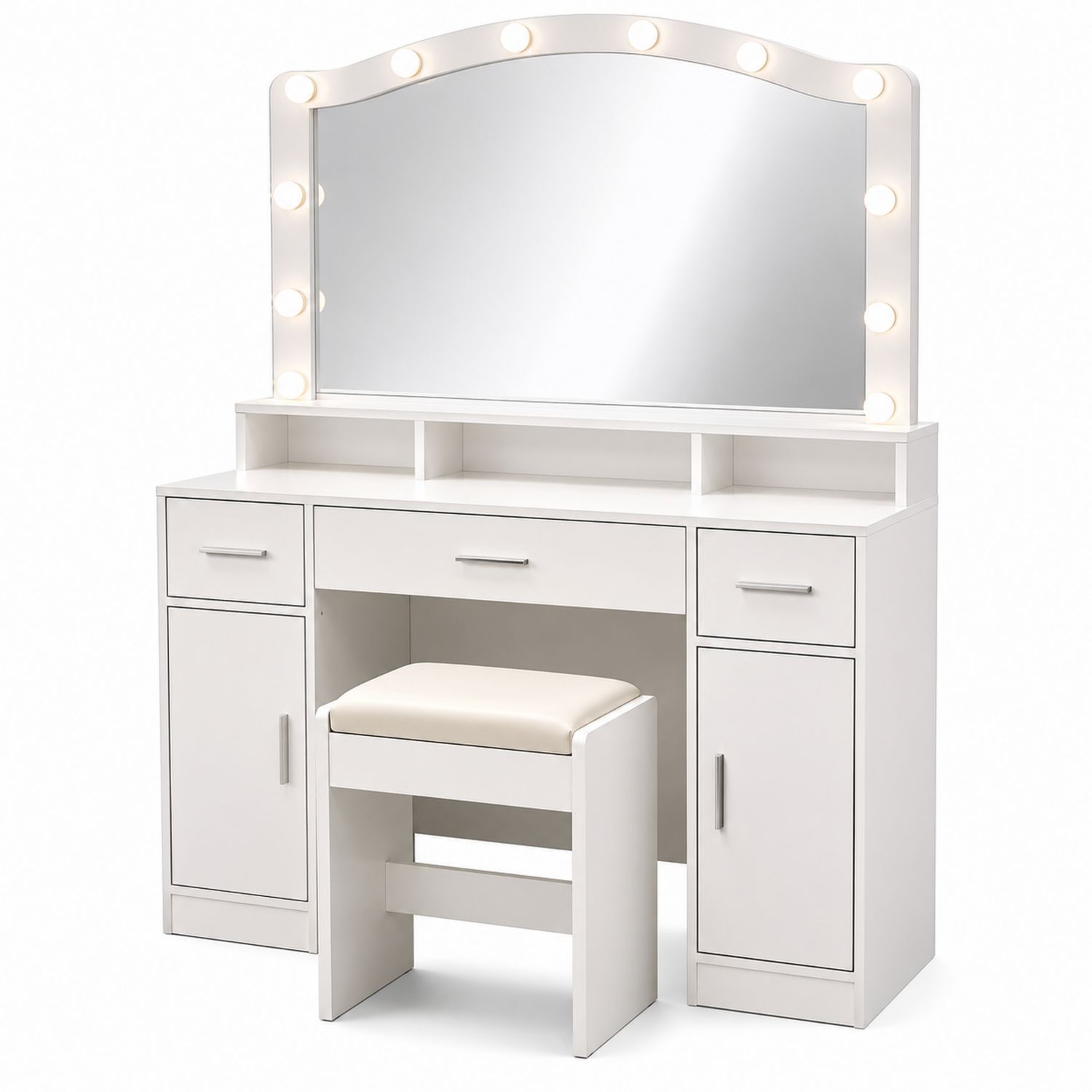 Coiffeuse avec miroir LED en bois MDF Blanc et tabouret