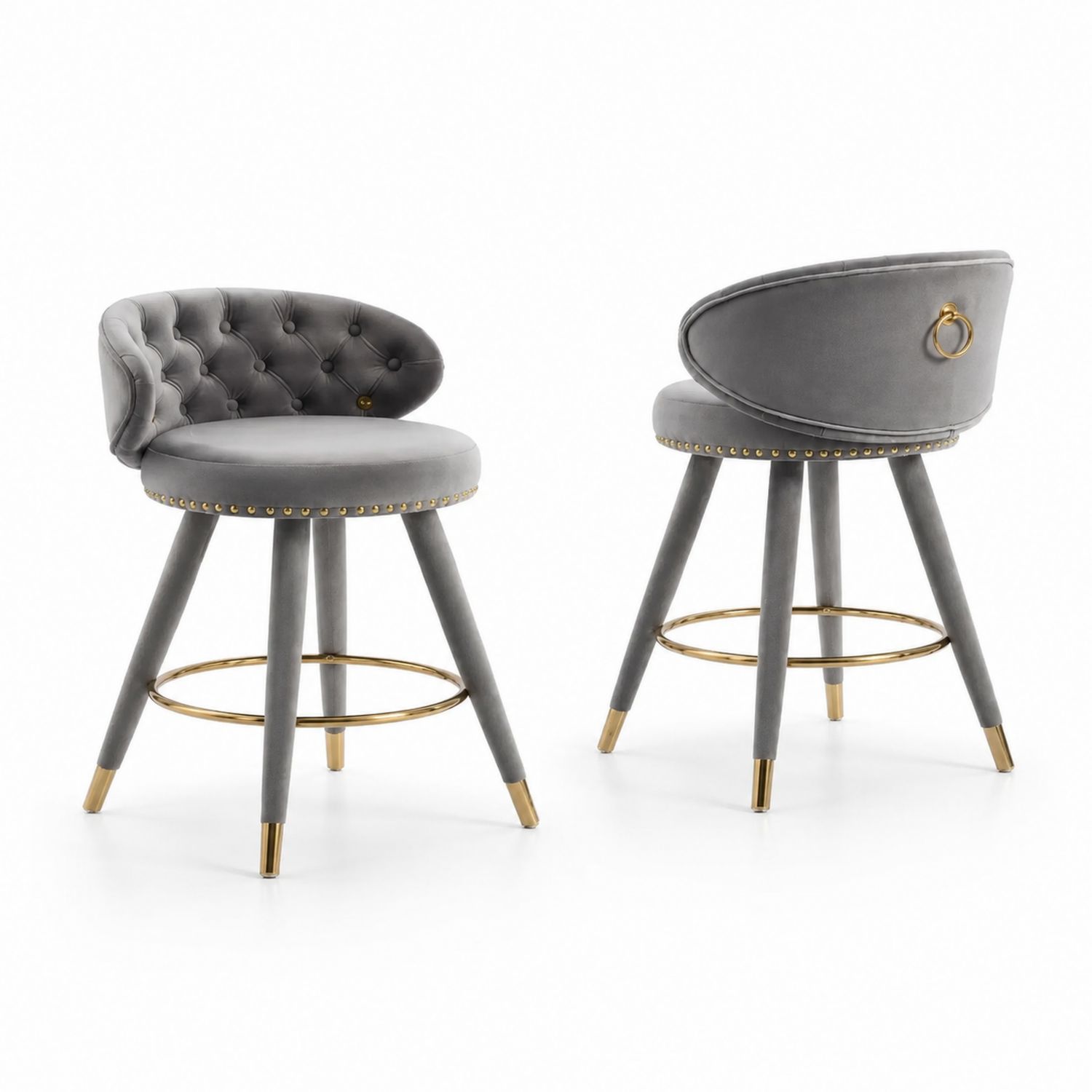 Tabouret de bar en velours gris avec pieds en métal doré