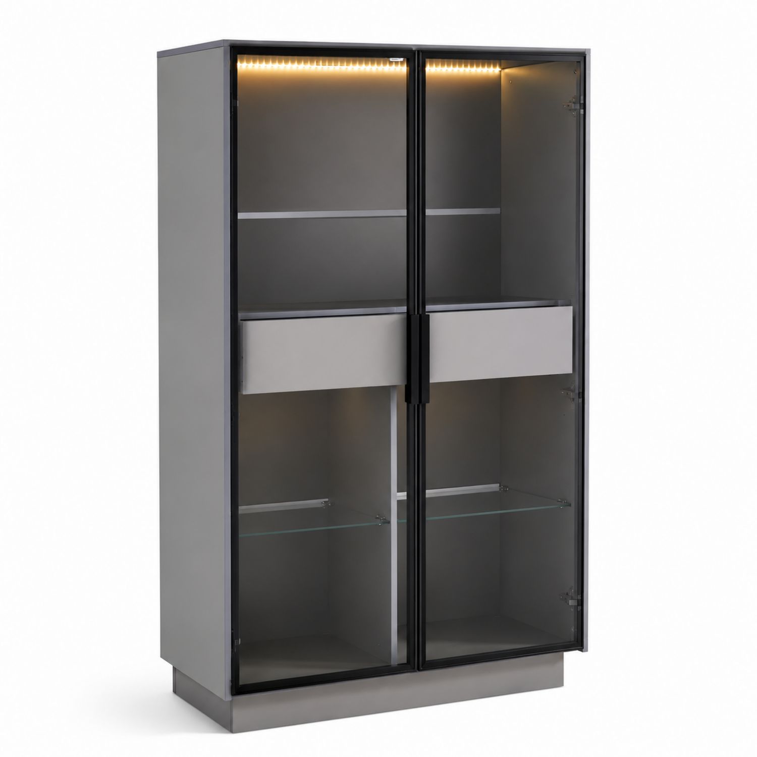 Armoire en métal avec portes en verre et éclairage LED, gris
