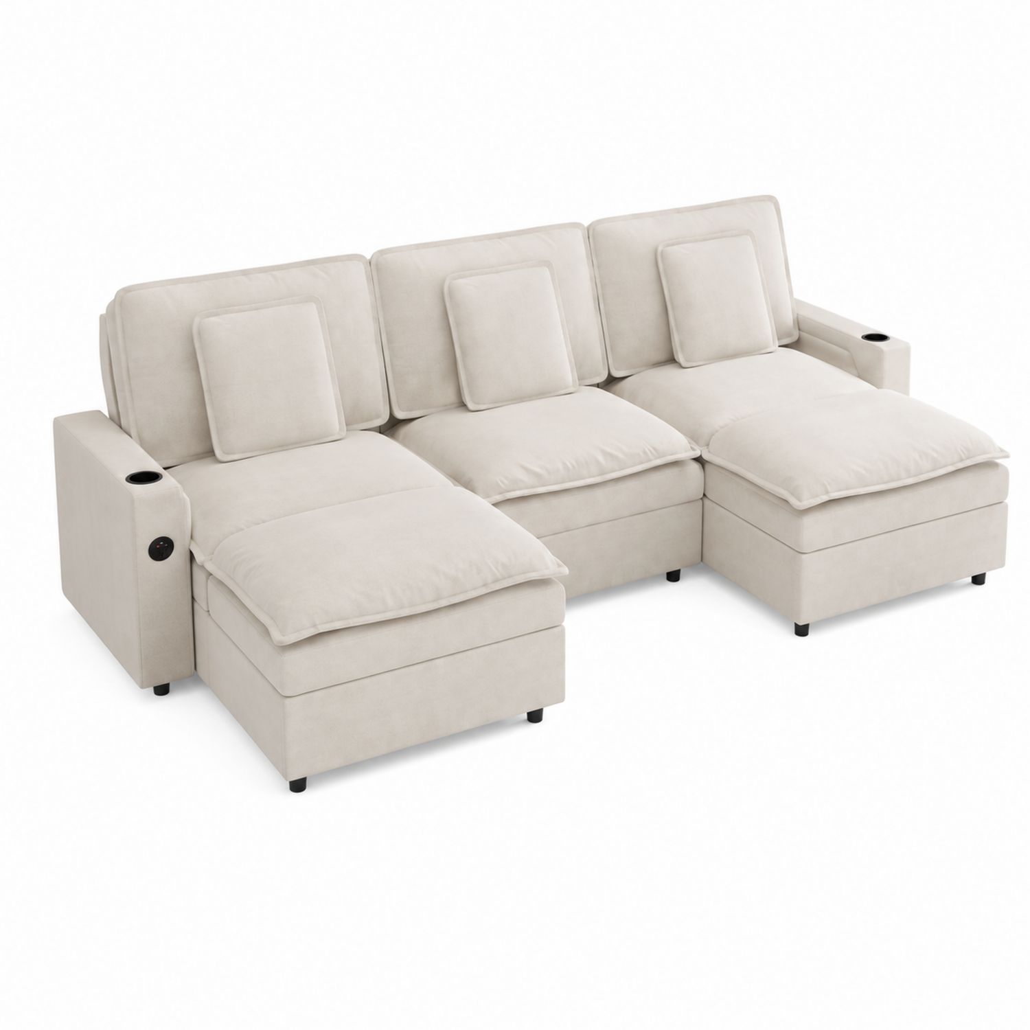 Canapé d'angle modulable en tissu beige avec porte-gobelets
