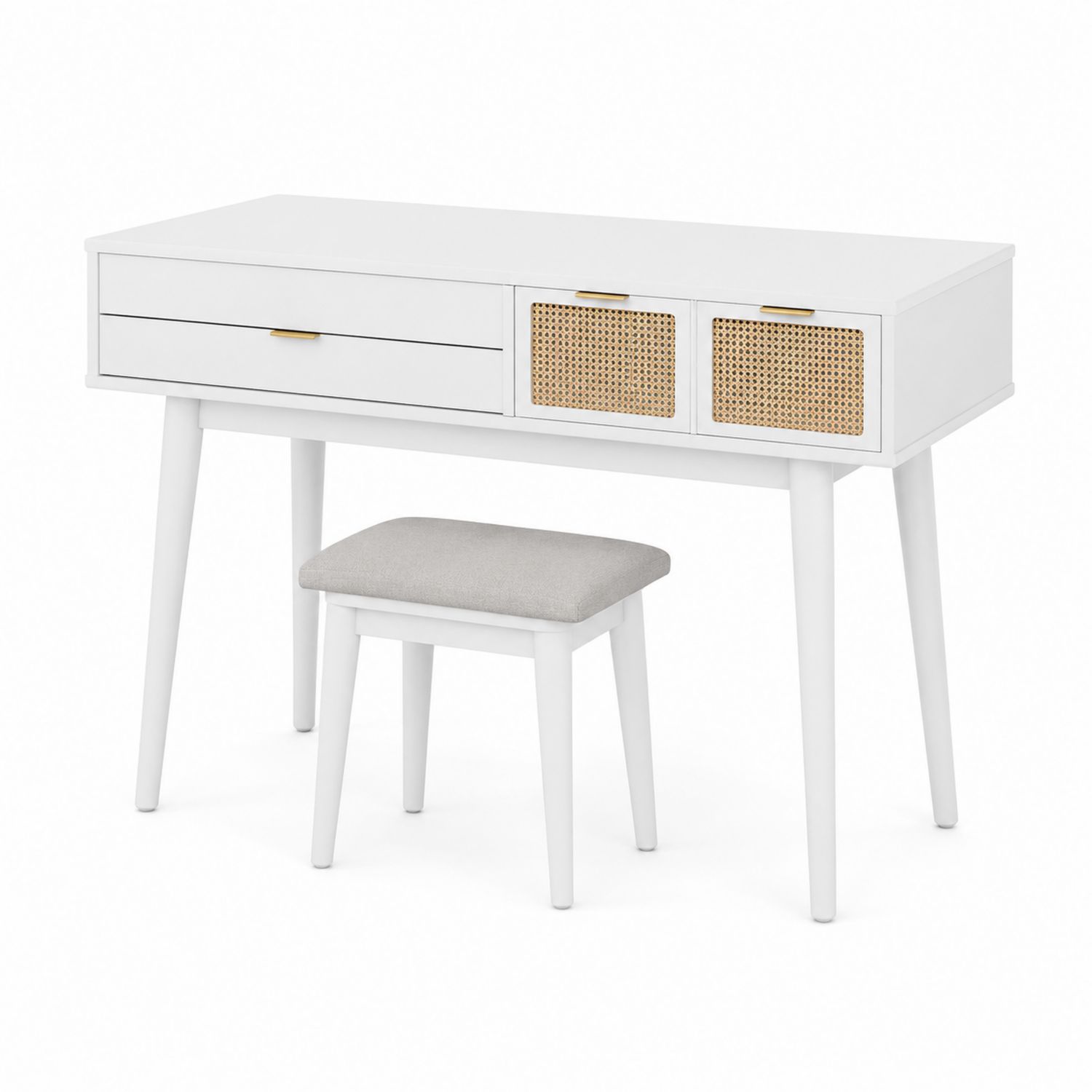 Coiffeuse en bois avec tiroirs en rotin et tabouret Blanc