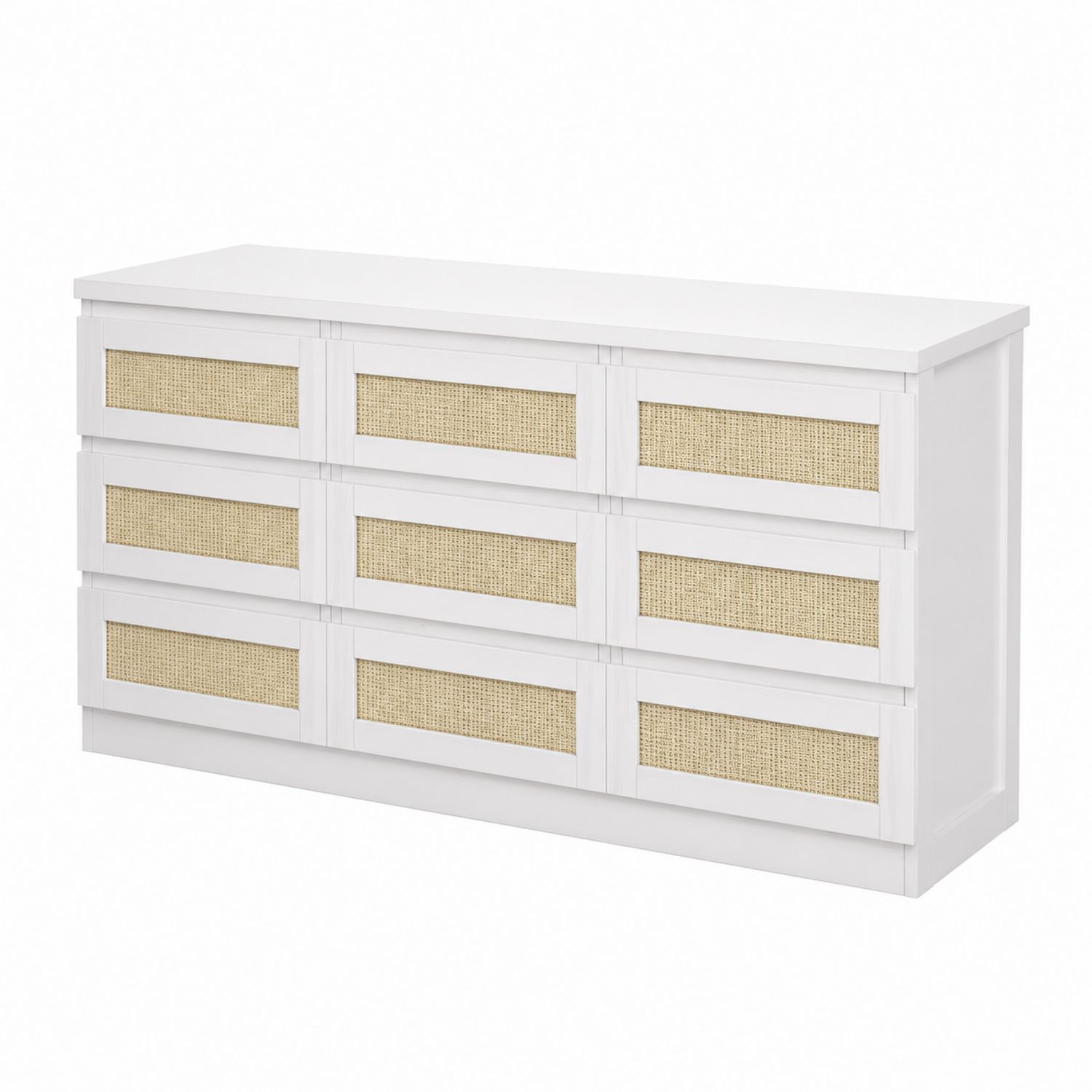 Commode 8 tiroirs en bois et rotin Blanc/Beige 140x40x80 cm